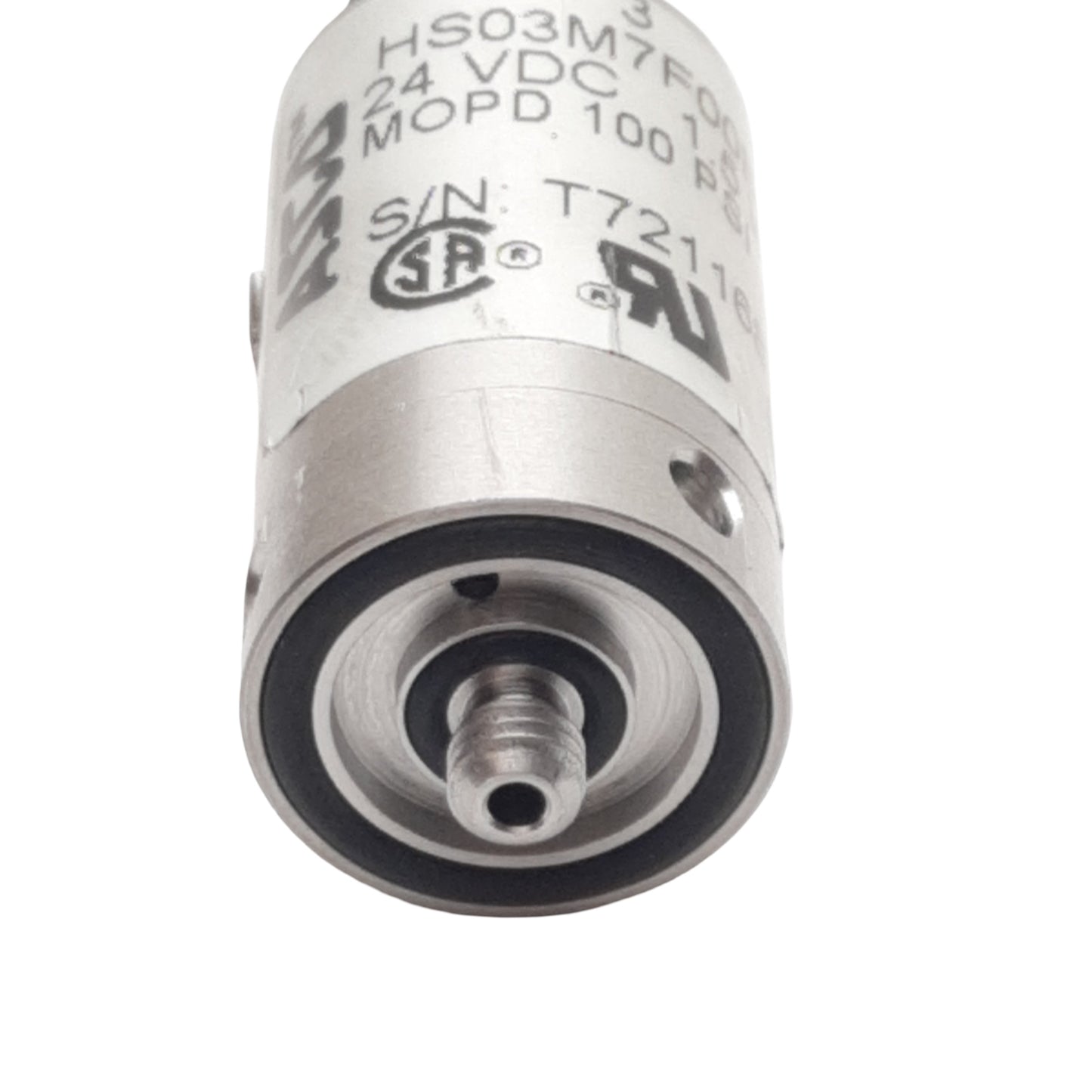 Used Asco HS03M7F00B Solenoid Valve, 100psi, M5 Male/Female Ports, 1.5W, 24VDC Coil