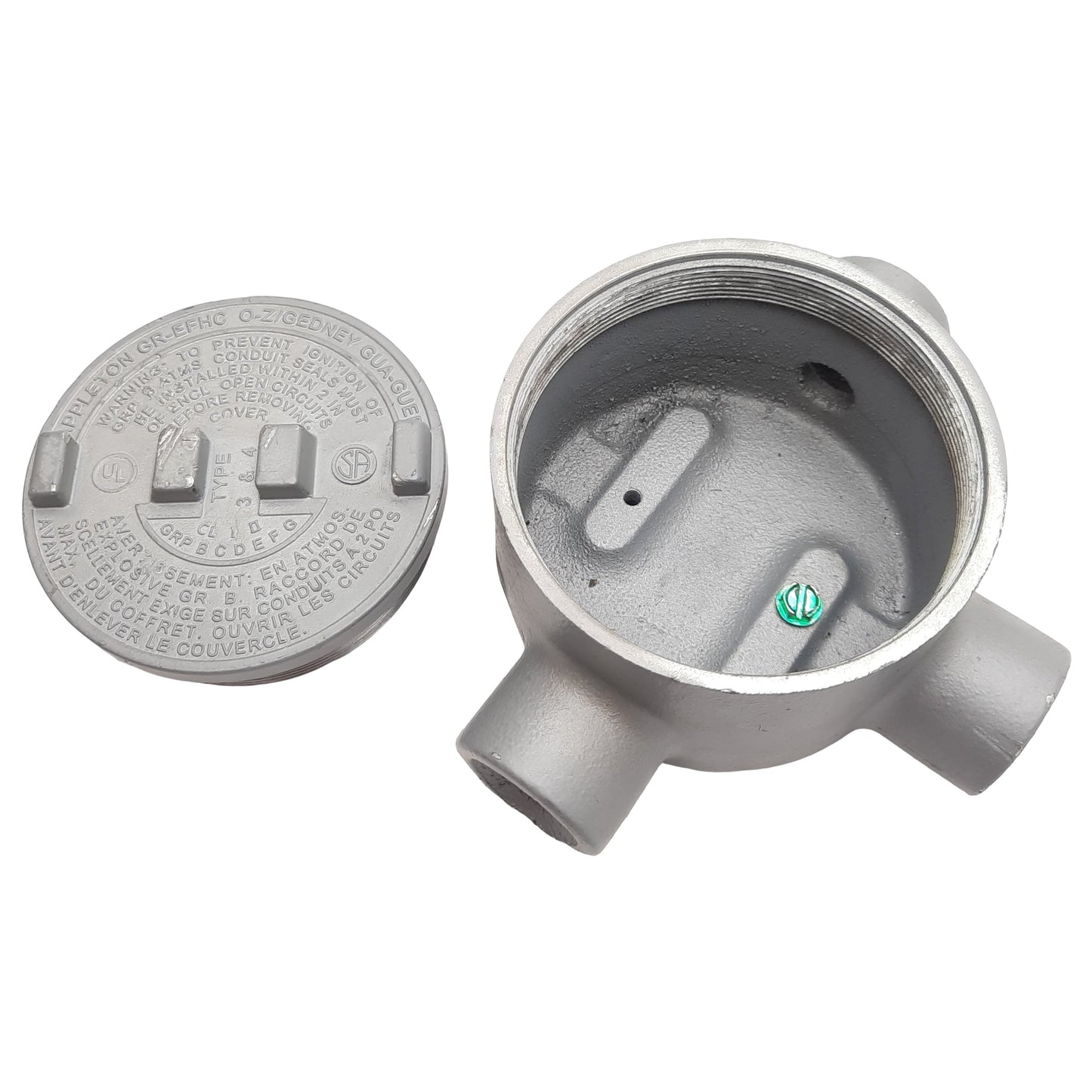 Used Appleton GR-EFHC Conduit Outlet Box Type 3 & 4, 3x 1/2in NPT Female, ø86mm ID