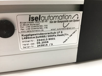 Used ISEL 234413 9001 LF5 Motorized Linear Ballscrew Actuator Positioner 250mm Stroke