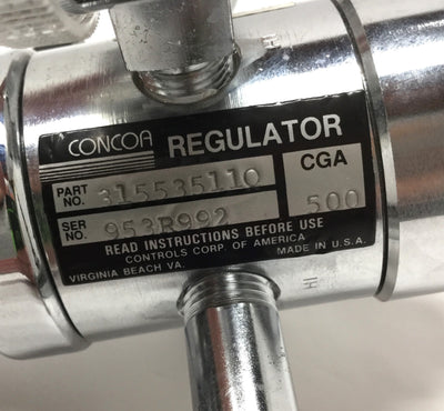 Used Concoa 315535110 Dual Stage Gas Regulator CGA 500 Inlet, 1/4" NPT Out, 0-100psi