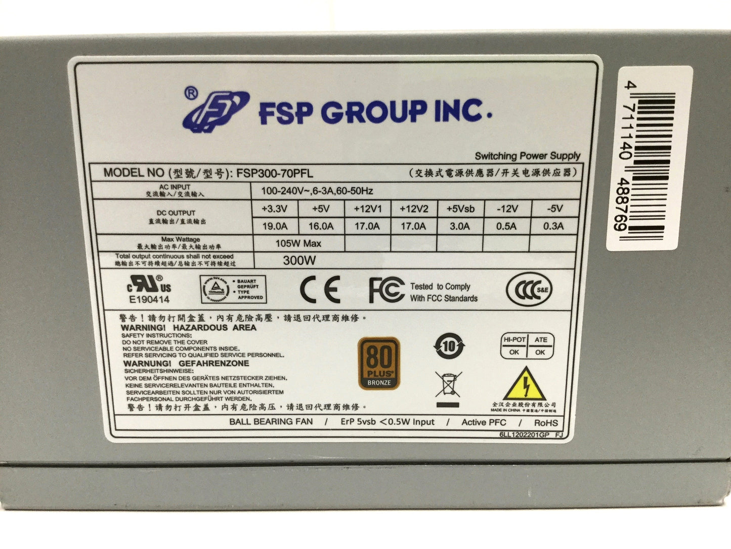 Used FSP FSP300-70PFL Industrial PC ATX Power Supply IPC PSU 115/230VAC, 300W Max