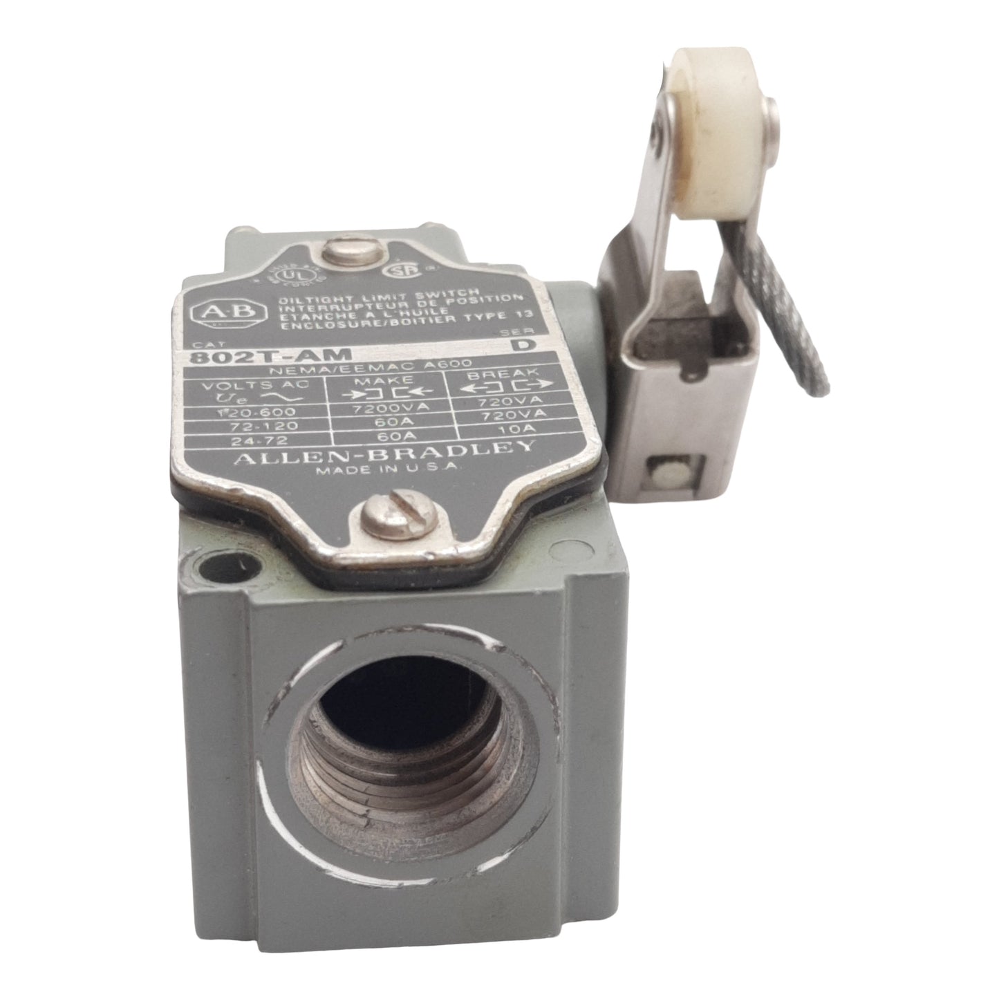 Used Allen Bradley 802T-AM Oiltight Limit Switch, 2-Circuit 1N.O + 1N.C., 10A 600VAC