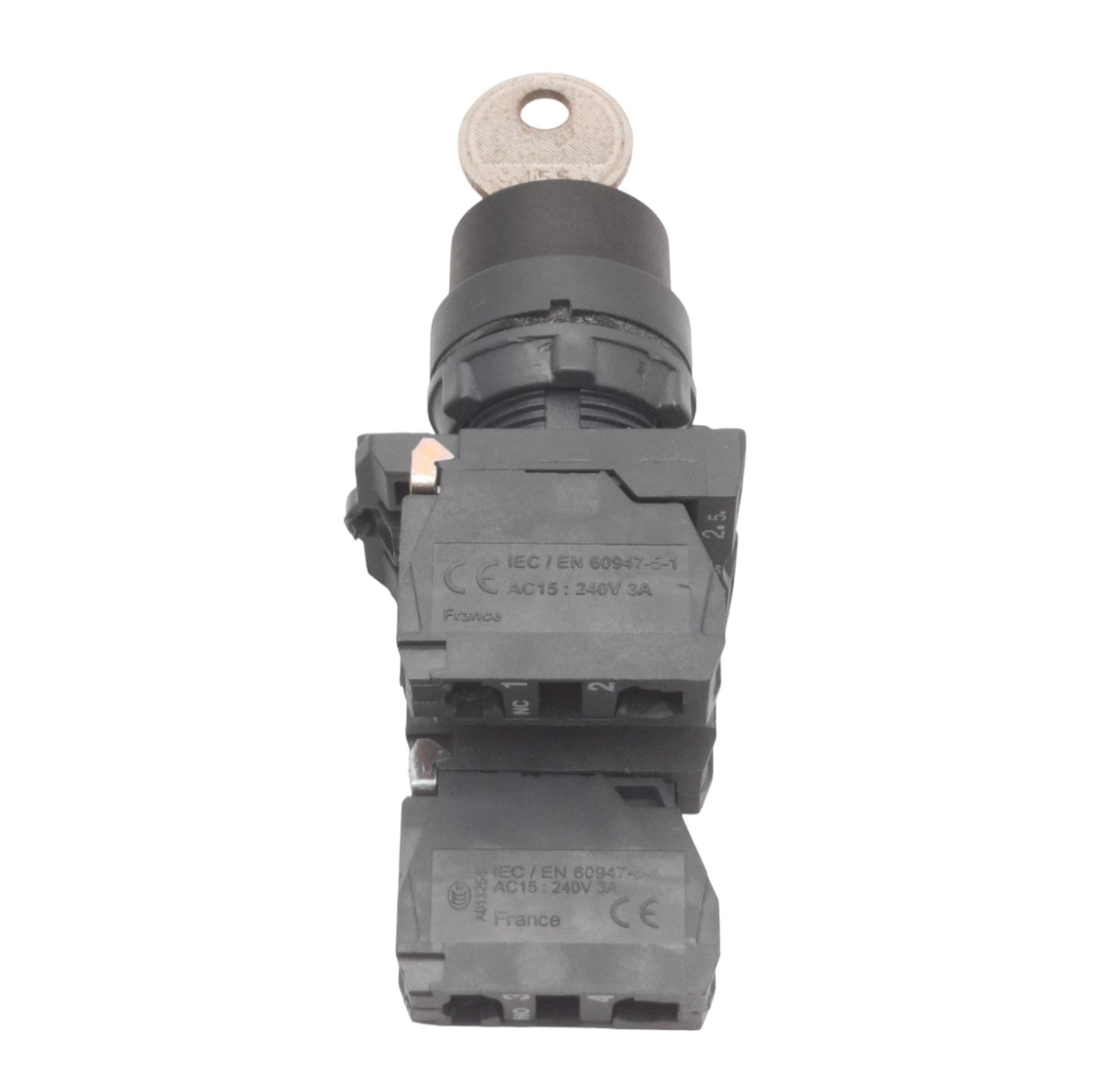 Used Telemecanique ZB4BG9 Keyed Selector Switch, 3-Pos, 2NO+1NC Contacts, 600V 10A