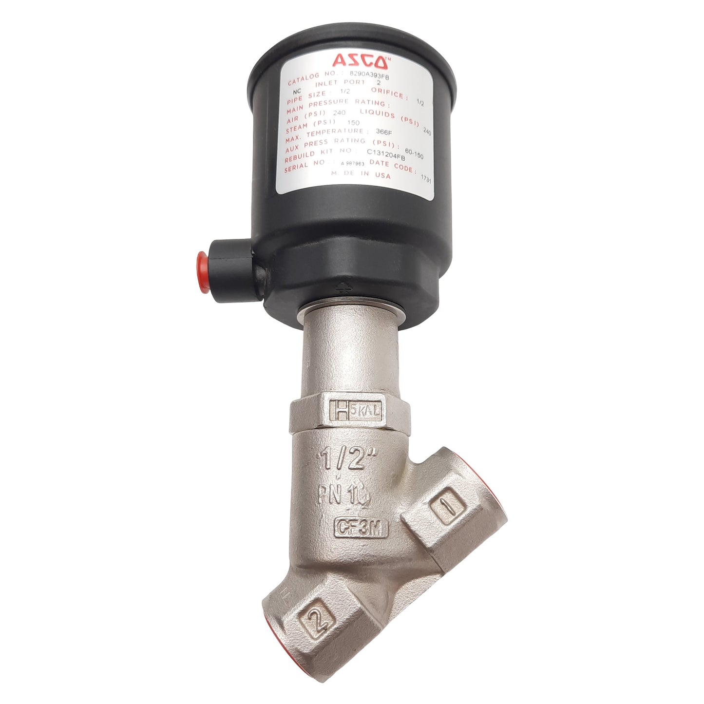 Used Asco 8290A393FB Multi-Purpose Valve, 2-Way N.C., 1/2in NPT, 150/240psi, 4.1Cv