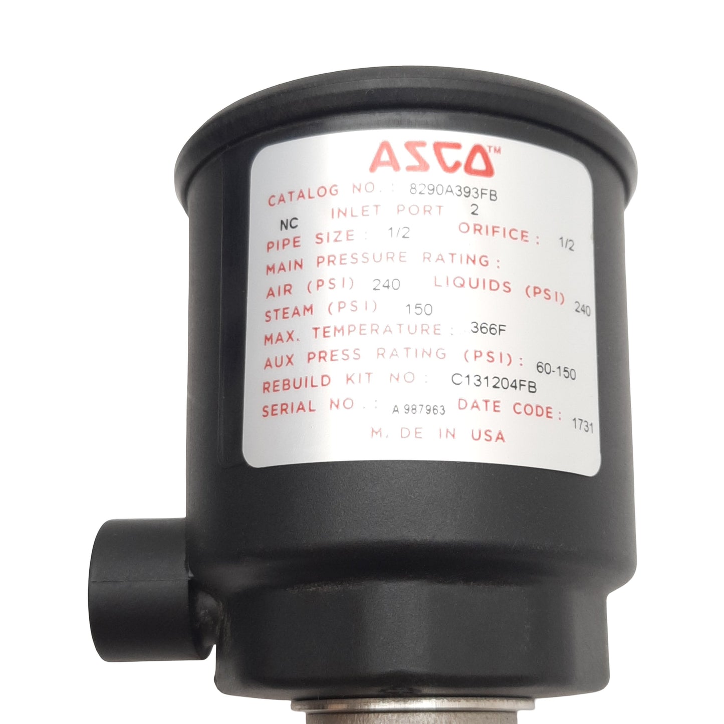 Used Asco 8290A393FB Multi-Purpose Valve, 2-Way N.C., 1/2in NPT, 150/240psi, 4.1Cv