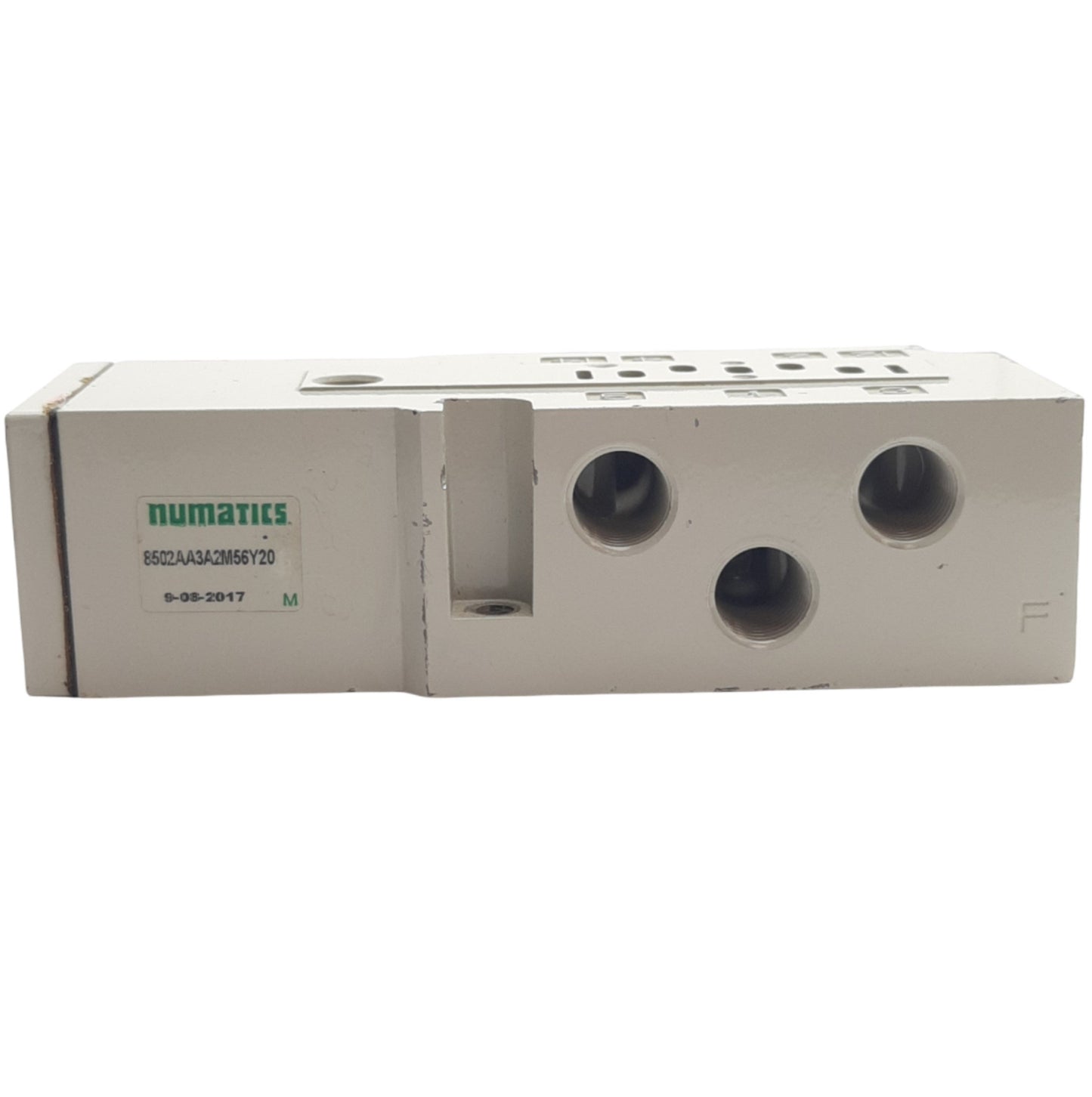 Used Asco Numatics 8502AA3A2M56Y20 Valve Base, 1/4 NPTF Port, 18mm Valve, 4 pin M12