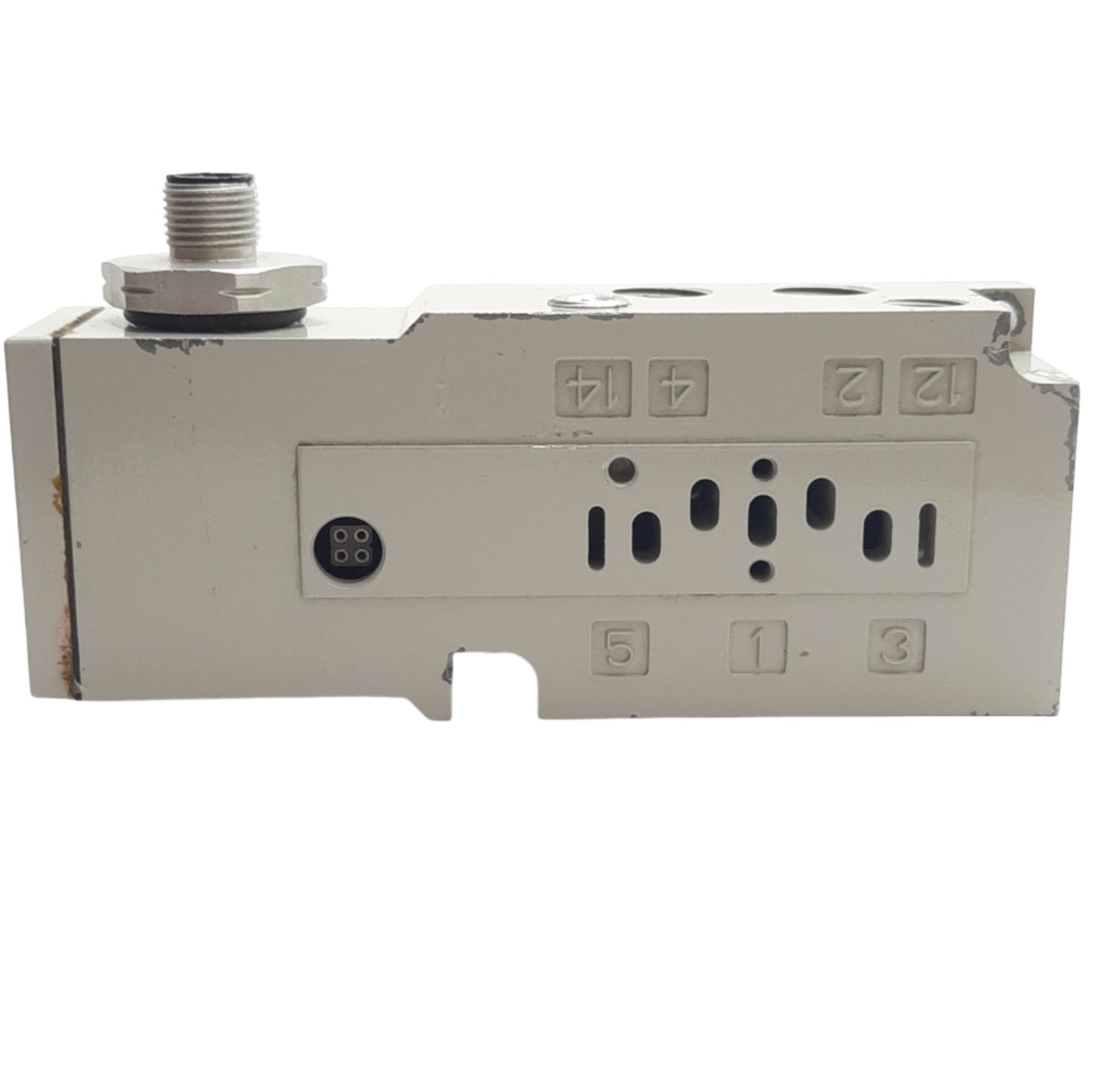 Used Asco Numatics 8502AA3A2M56Y20 Valve Base, 1/4 NPTF Port, 18mm Valve, 4 pin M12