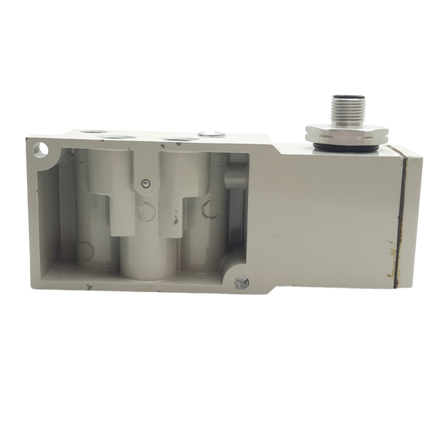 Used Asco Numatics 8502AA3A2M56Y20 Valve Base, 1/4 NPTF Port, 18mm Valve, 4 pin M12