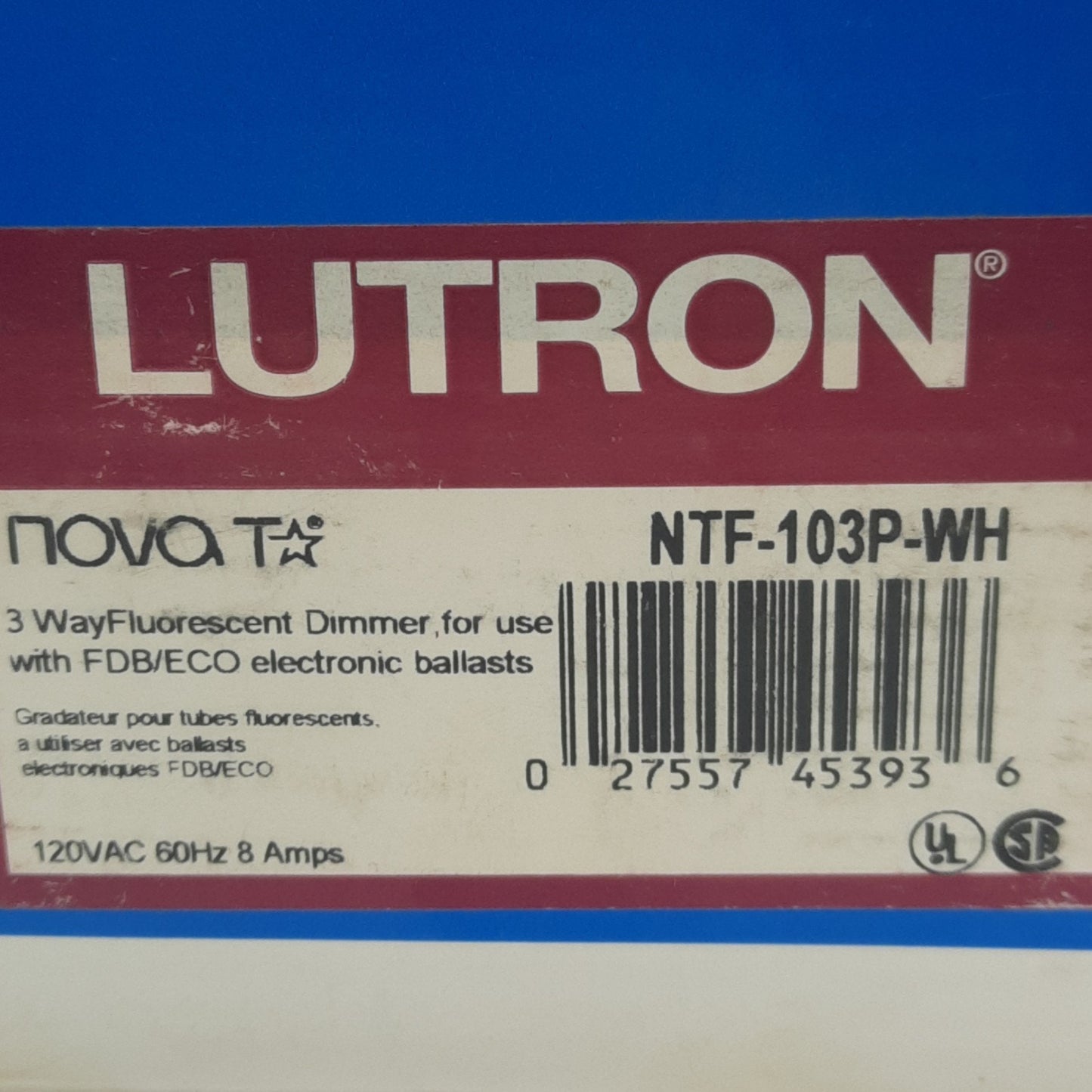 New Lutron NTF-103-WH Nova T 3-Way Preset Dimmer, 120VAC 8A, 3 Wire, 1 Pole, White