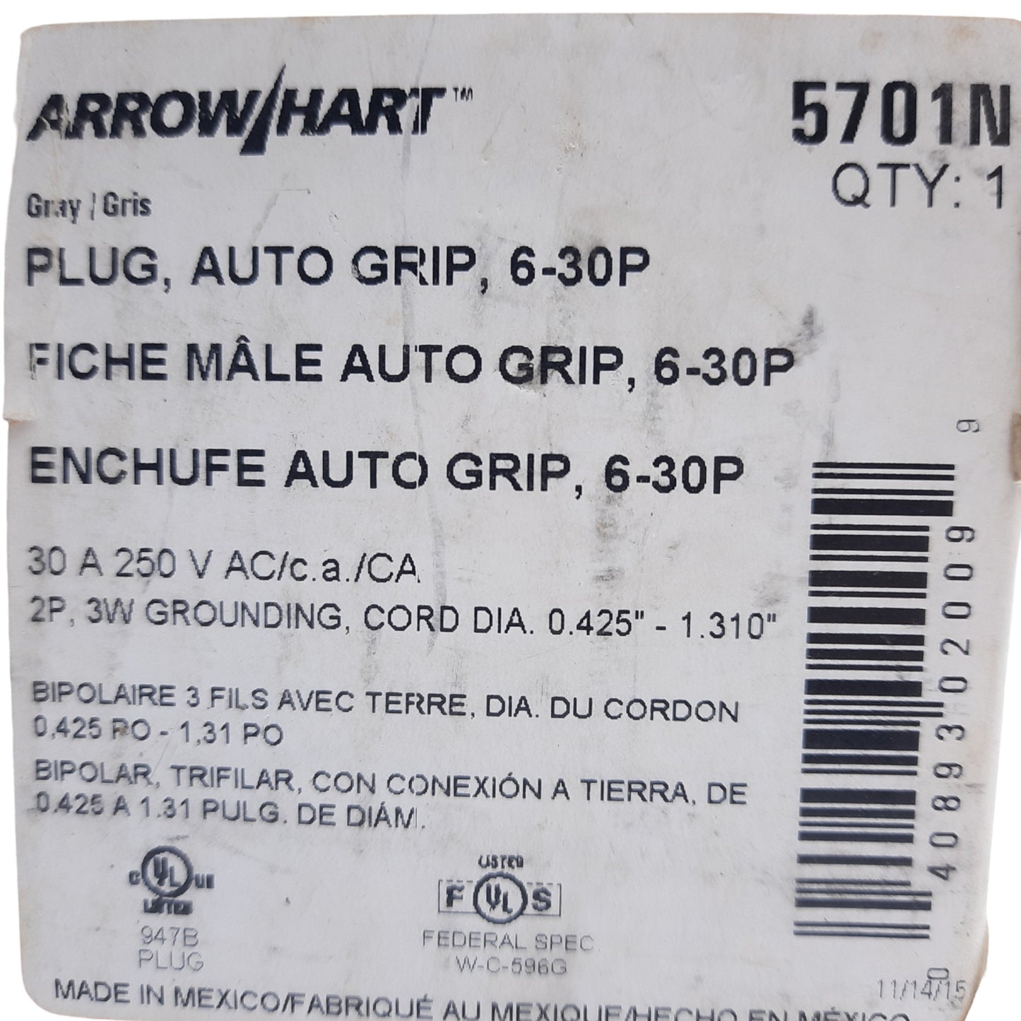 New Arrow Hart 5701N Heavy-Duty Auto Grip Plug, 2-Pole 3 Wire 6-30P 30A 250VAC