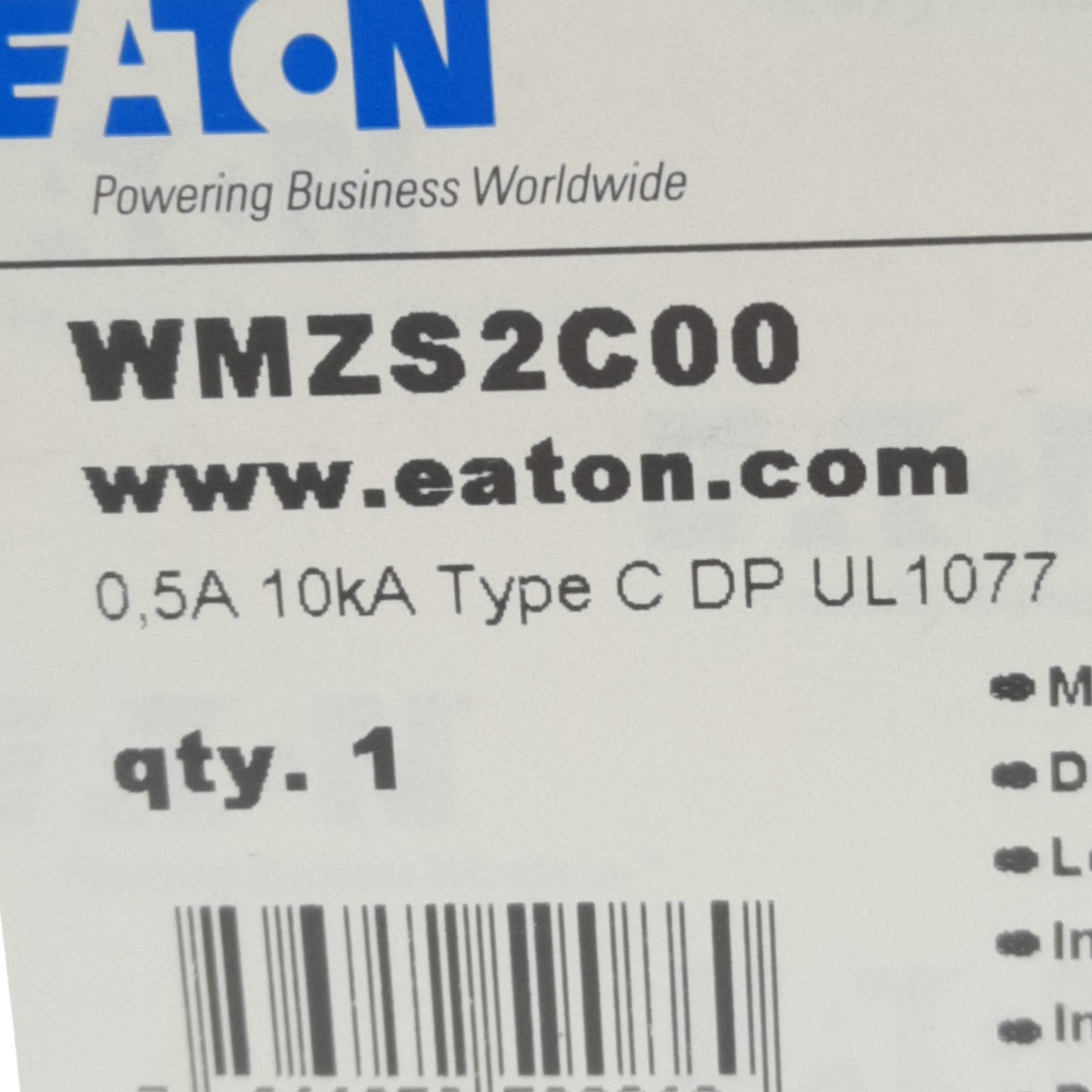 New Eaton WMZS2C00 Miniature Circuit Breaker, 277/480 VAC, 2-Pole, 0.5 Amp