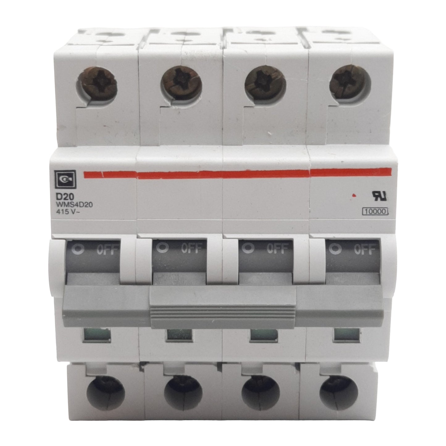 Used Cutler-Hammer WMS4D20 Circuit Breaker, 4-Pole, 20A 240/415VAC, DIN Rail