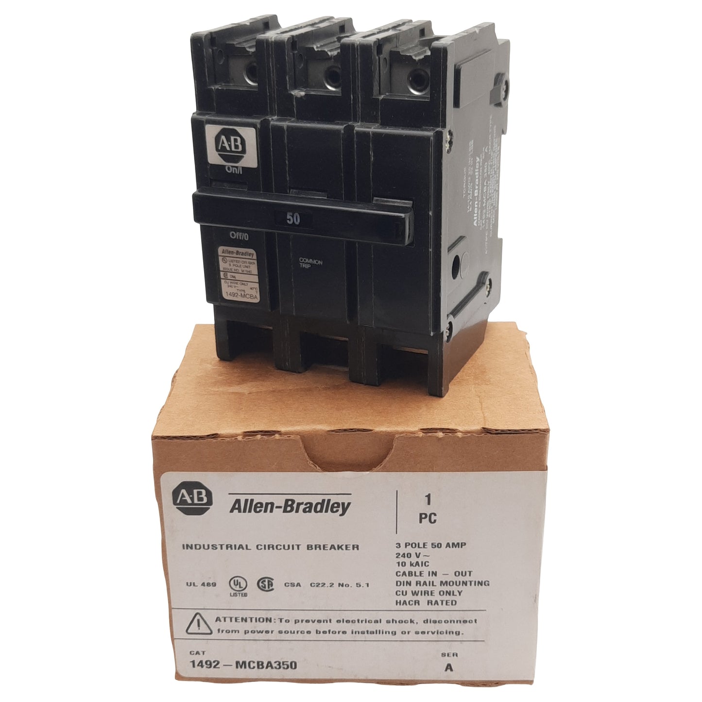 New Allen Bradley 1492-MCBA350 Circuit Breaker, 3-Pole, 50A 120/240VAC, DIN Rail