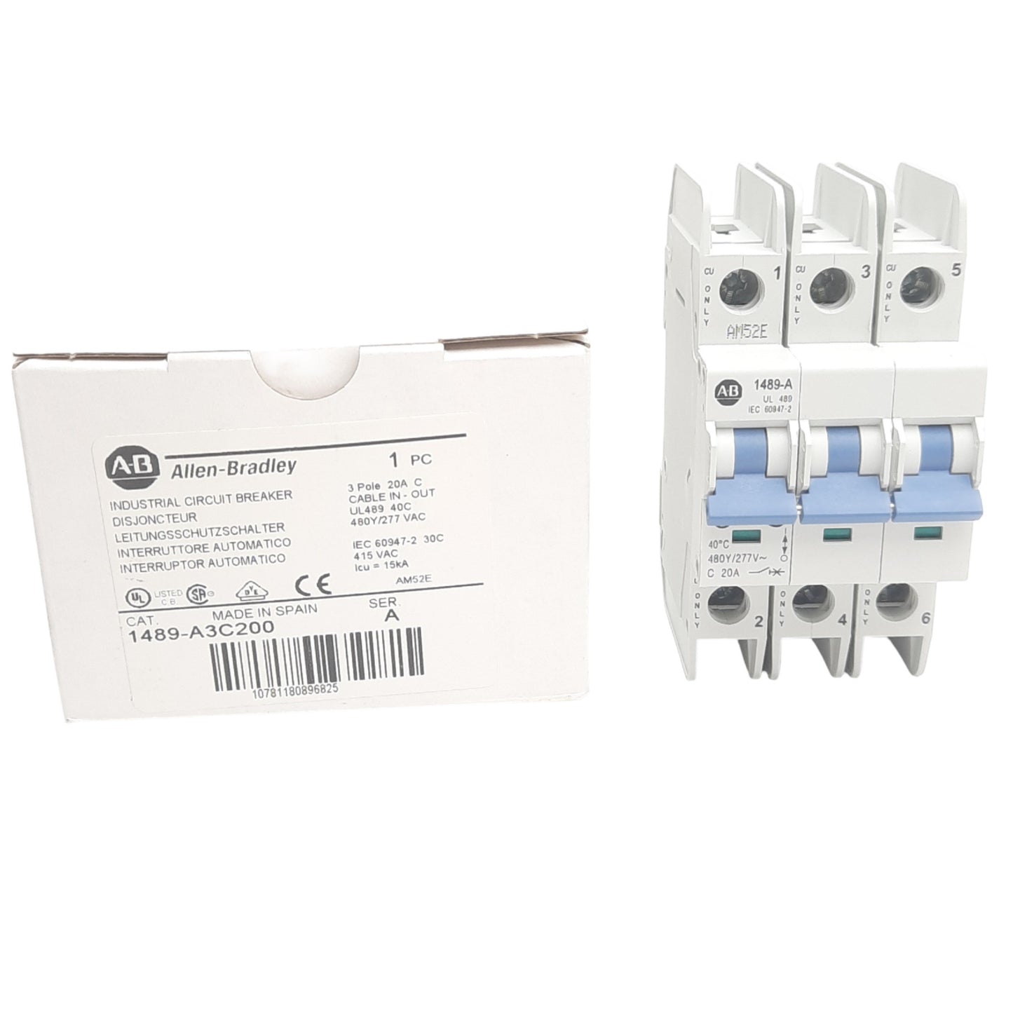 New Allen Bradley 1489-A3C200 Circuit Breaker, 3 Pole, 20 A, 480Y/277VAC, DIN Rail