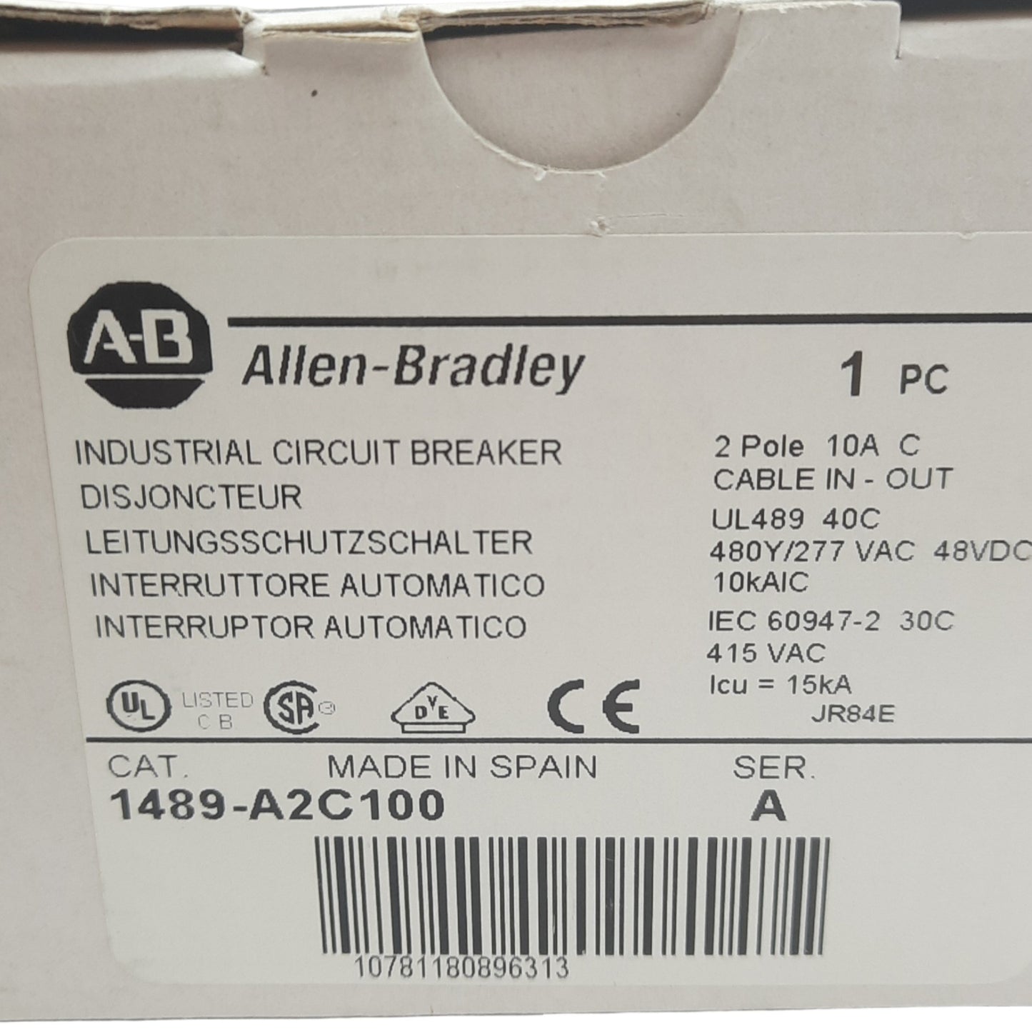 New Allen Bradley 1489-A2C100 Circuit Breaker 480/277VAC, 96VDC 10A 10kA, 2 Pole