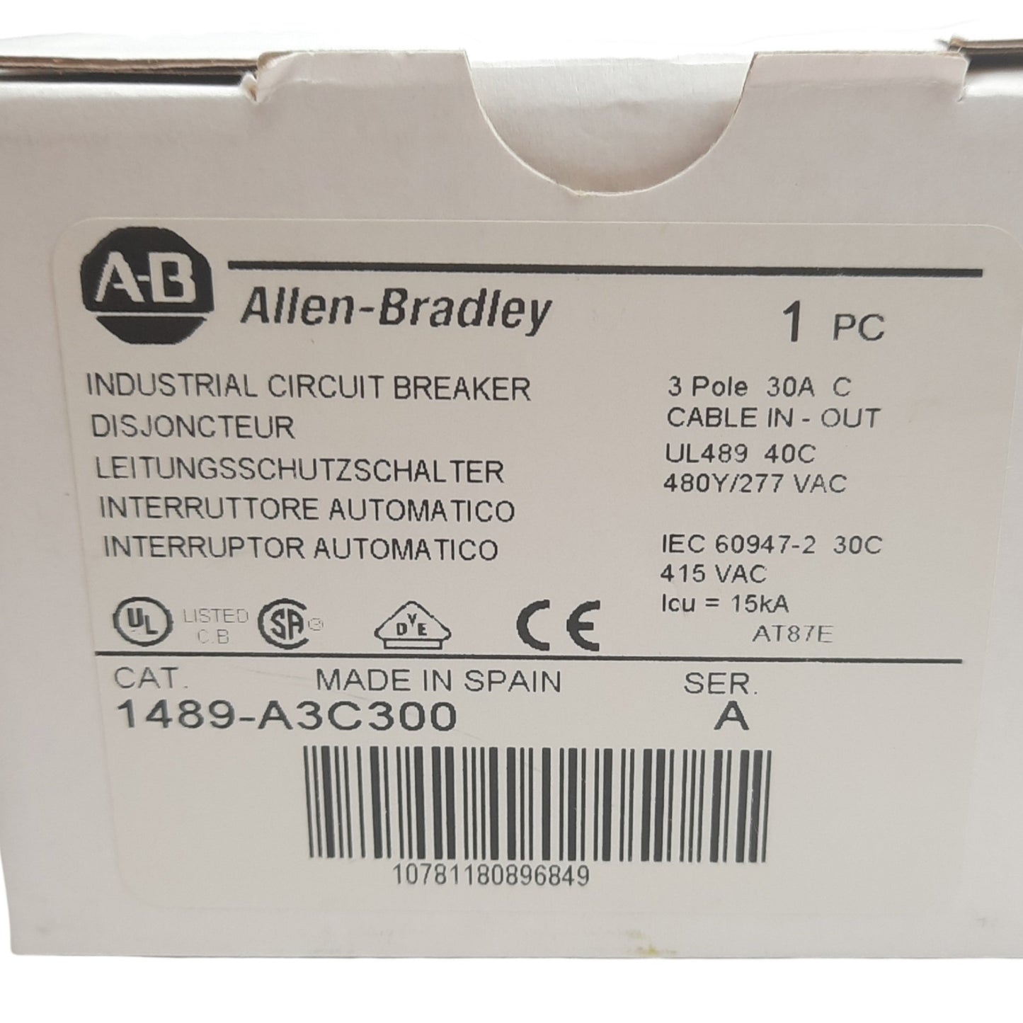 New Allen Bradley 1489-A3C300 Circuit Breaker, 3 Pole, 30 A, 480Y/277VAC, DIN