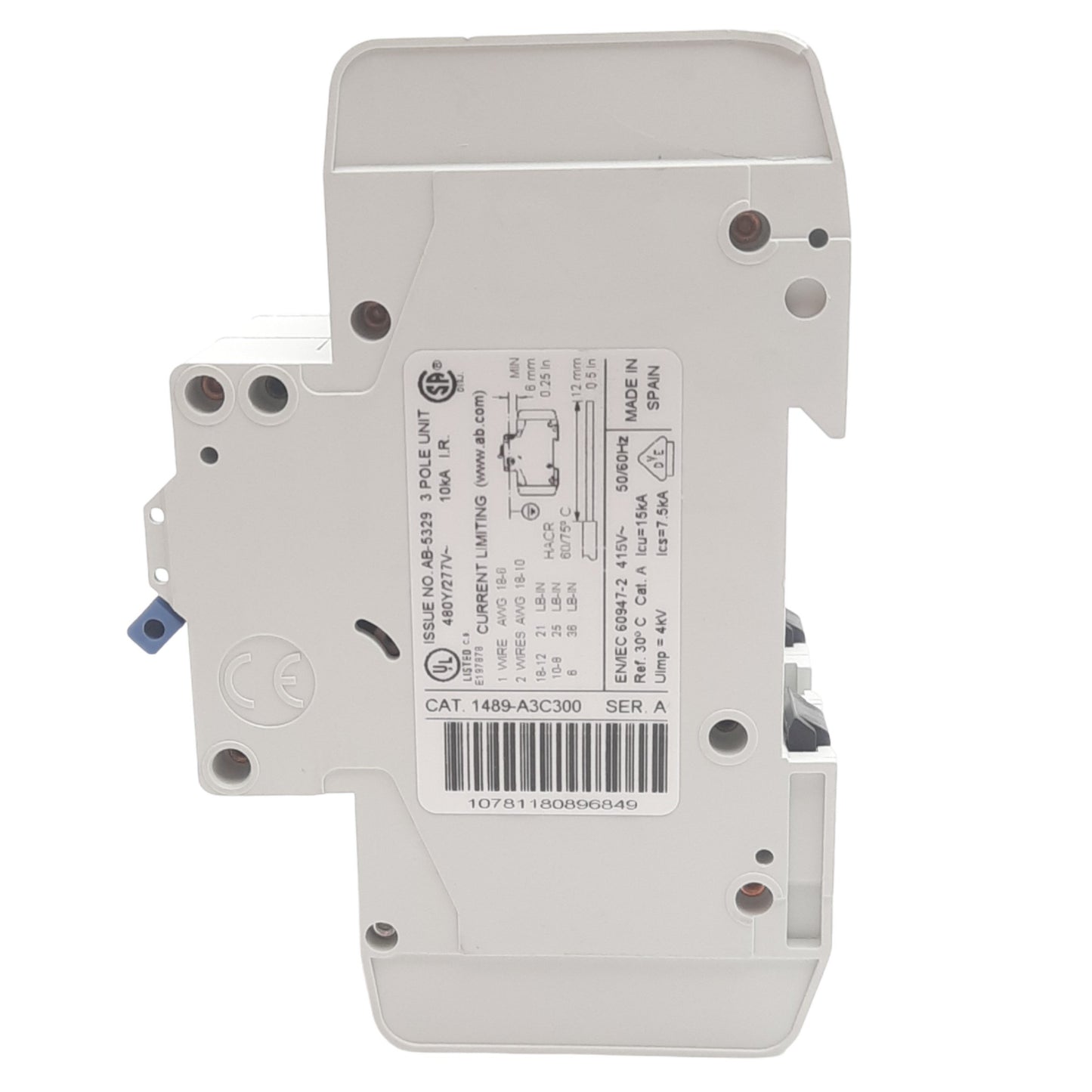 New Allen Bradley 1489-A3C300 Circuit Breaker, 3 Pole, 30 A, 480Y/277VAC, DIN