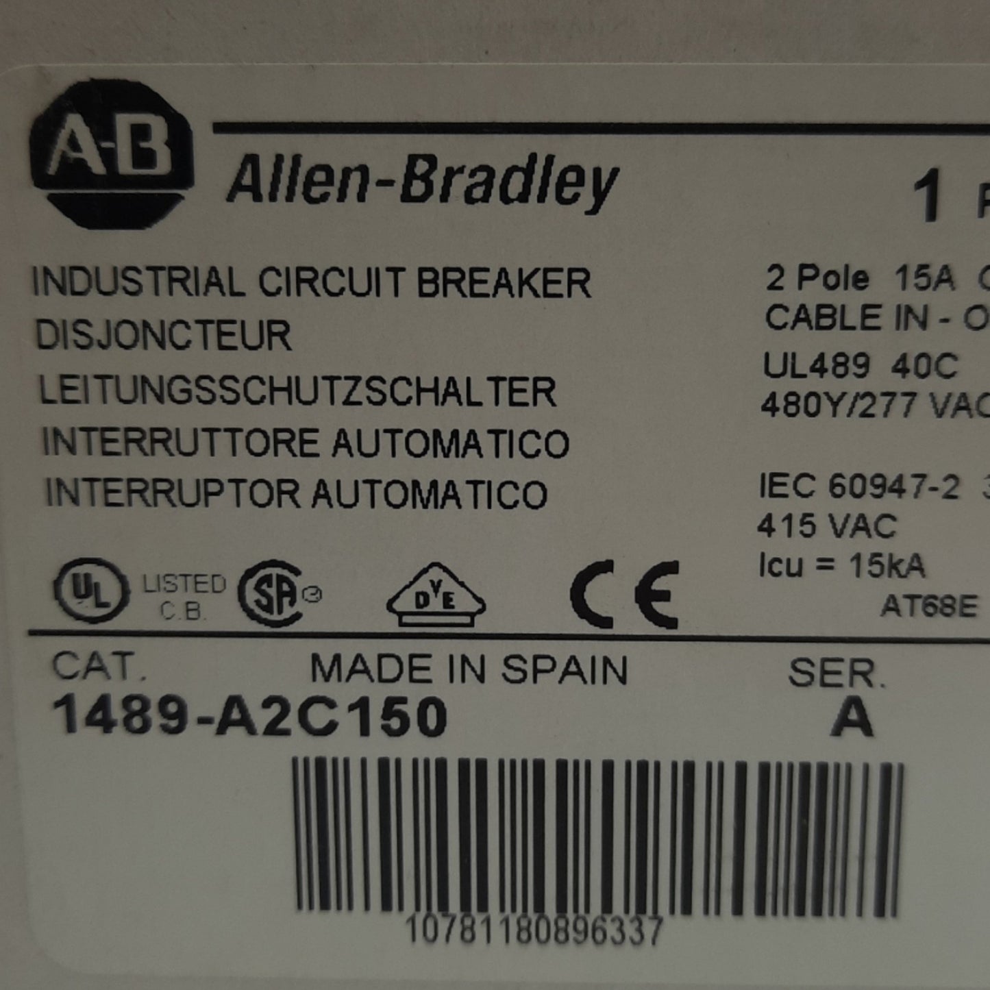 New Allen Bradley 1489-A2C150 Circuit Breaker,480Y/277VAC, 15 A, 2 Pole, DIN Rail