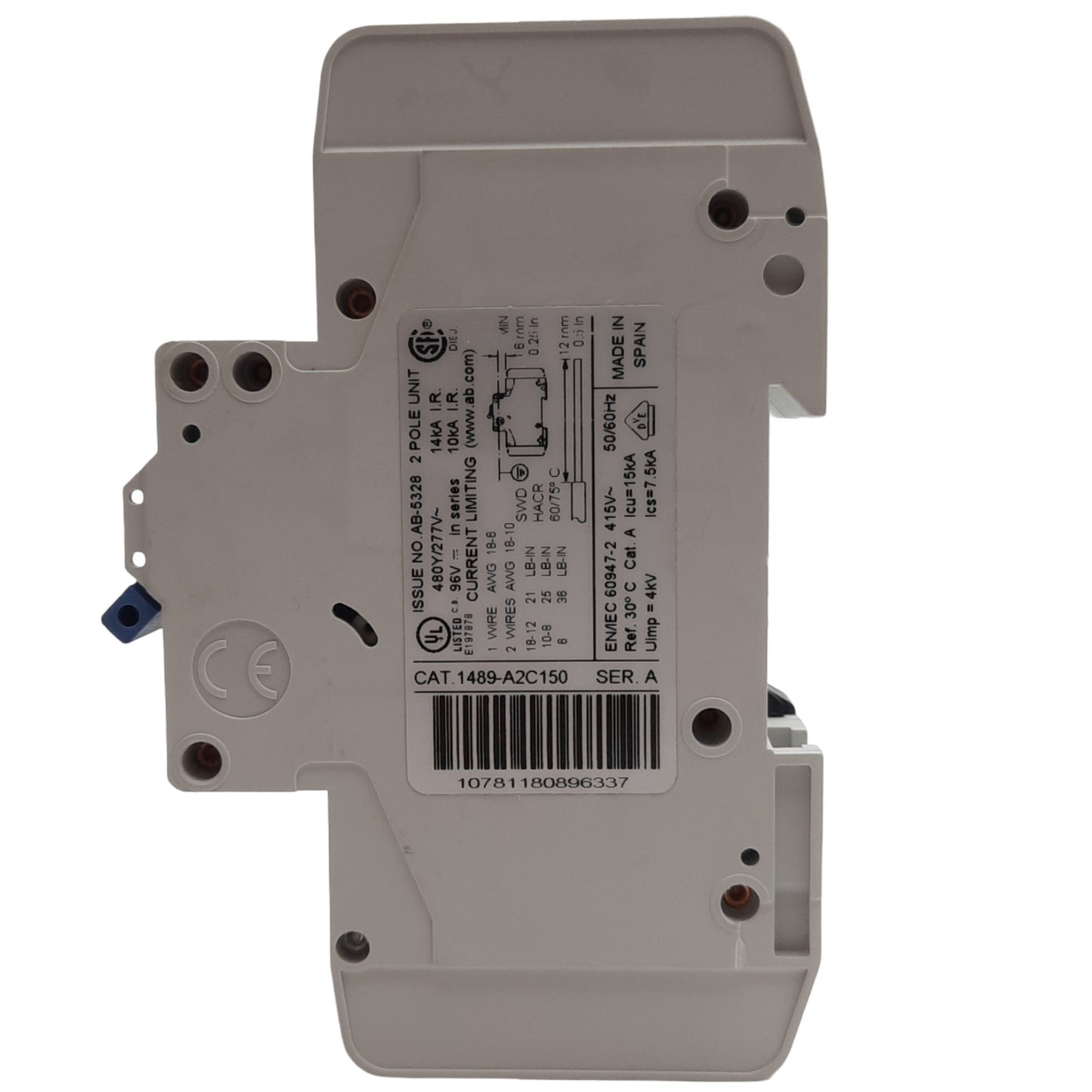 New Allen Bradley 1489-A2C150 Circuit Breaker,480Y/277VAC, 15 A, 2 Pole, DIN Rail