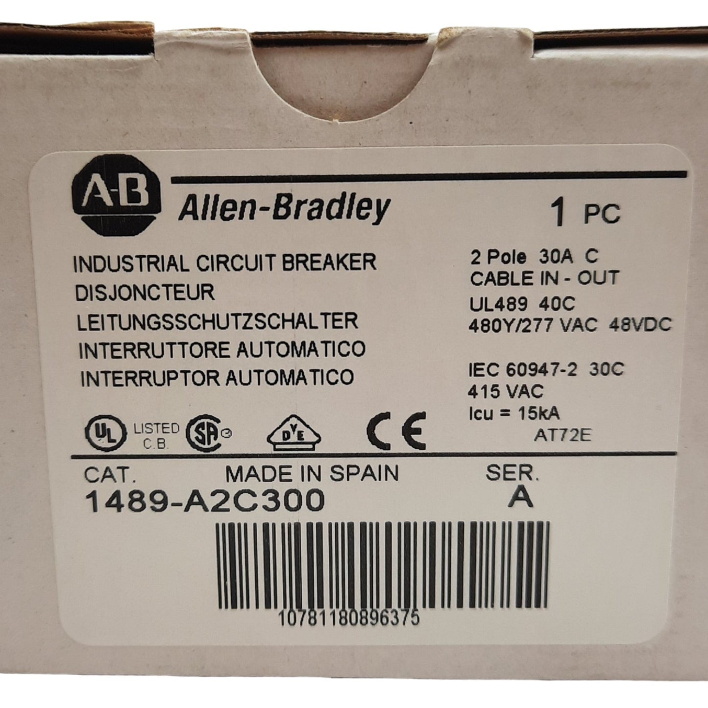 New Allen Bradley 1489-A2C300 Circuit Breaker, 480Y/277VAC, 30A, 2 Pole, DIN Rail