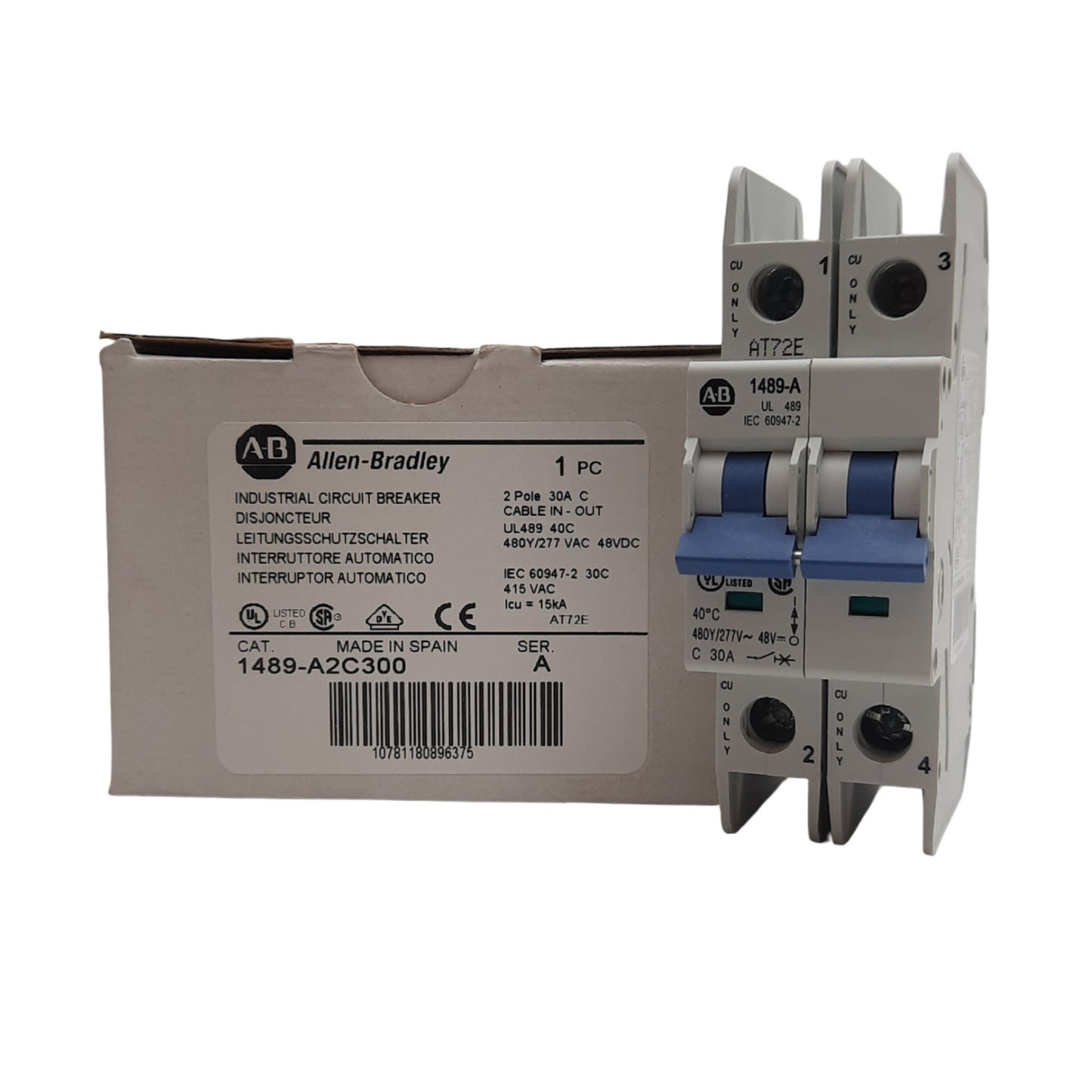 New Allen Bradley 1489-A2C300 Circuit Breaker, 480Y/277VAC, 30A, 2 Pole, DIN Rail