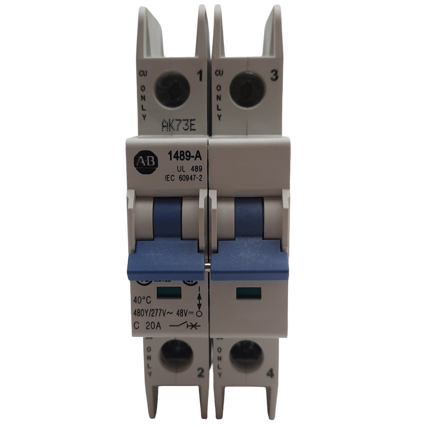 New Allen Bradley 1489-A2C200 Circuit Breaker, 480Y/277VAC, 20 A, 2 Pole, DIN Rail