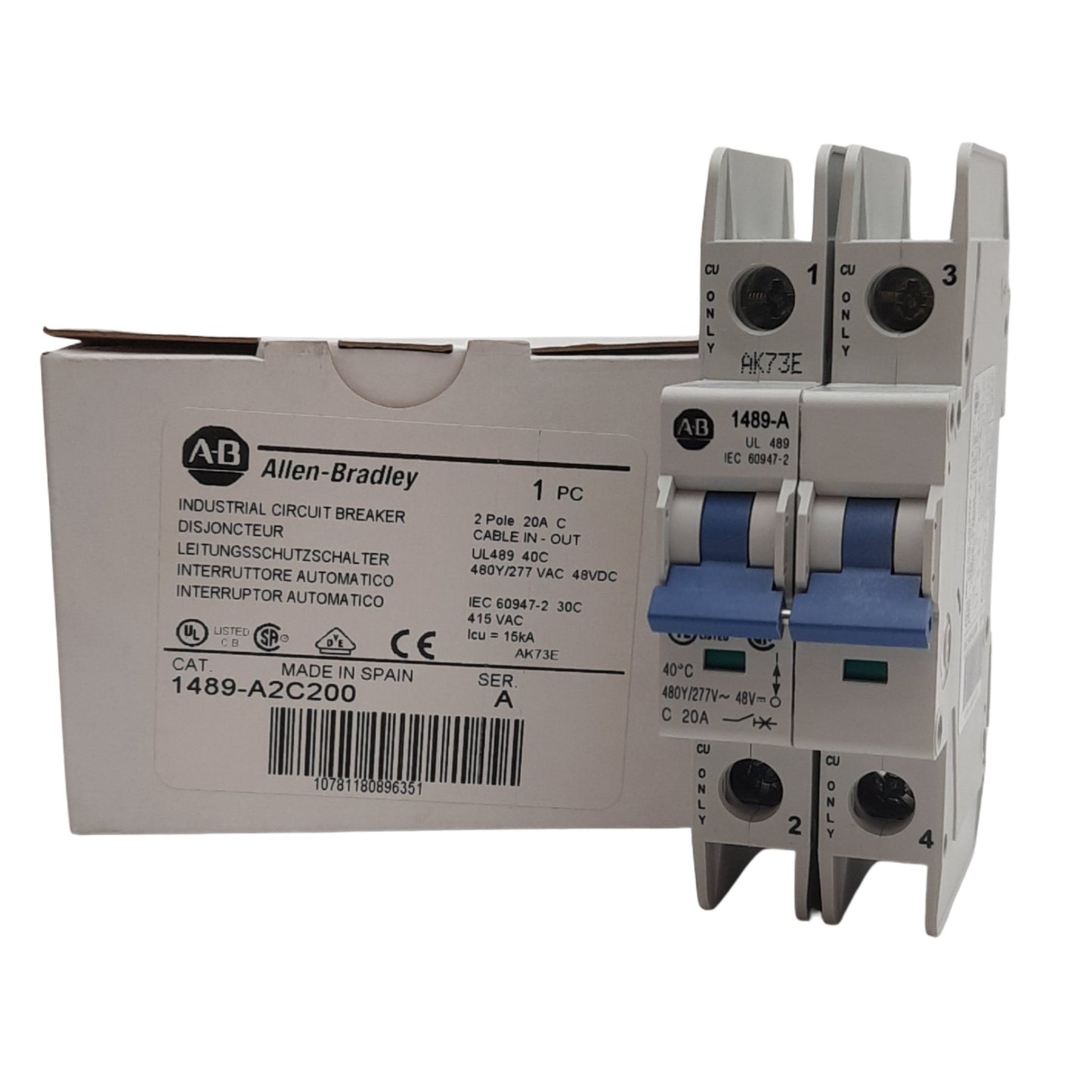 New Allen Bradley 1489-A2C200 Circuit Breaker, 480Y/277VAC, 20 A, 2 Pole, DIN Rail