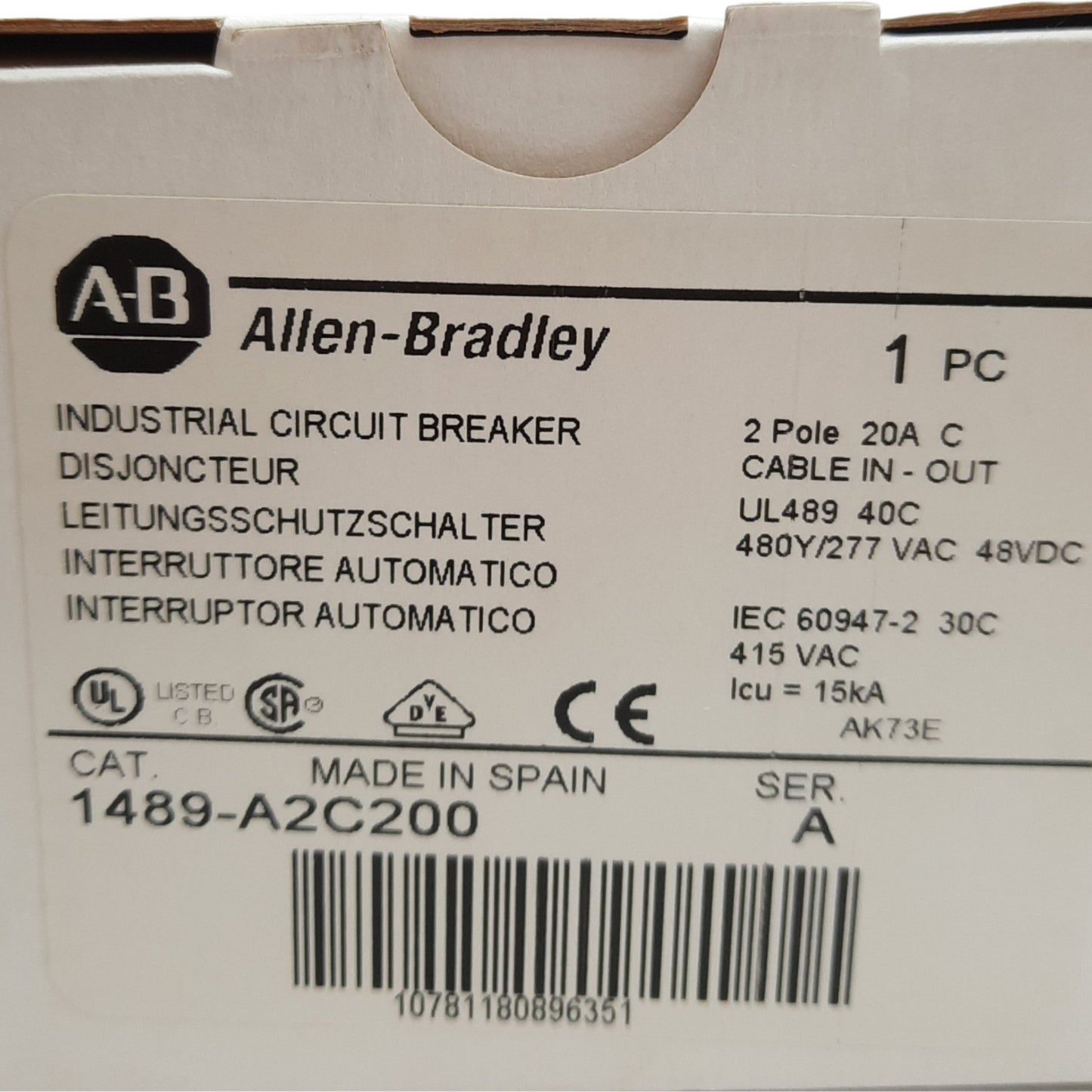 New Allen Bradley 1489-A2C200 Circuit Breaker, 480Y/277VAC, 20 A, 2 Pole, DIN Rail