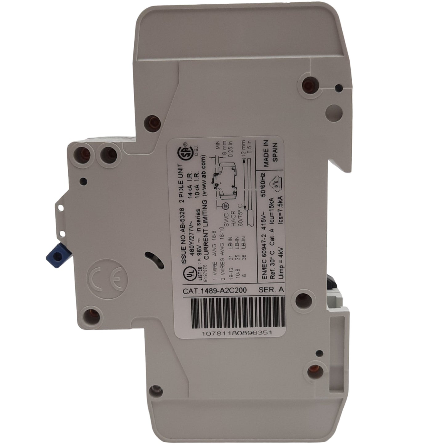 New Allen Bradley 1489-A2C200 Circuit Breaker, 480Y/277VAC, 20 A, 2 Pole, DIN Rail