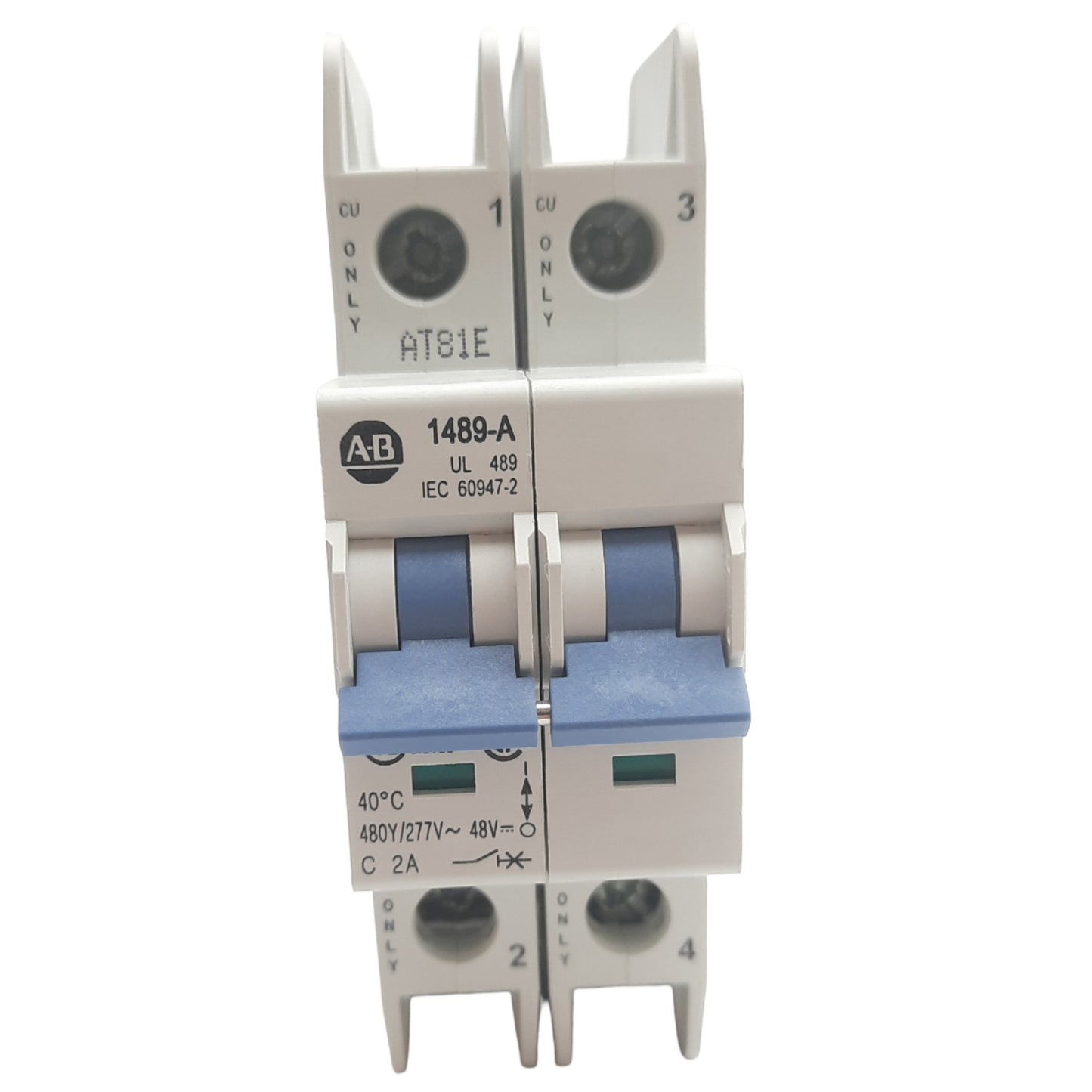 New Allen Bradley 1489-A2C020 Circuit Breaker, 2 Pole, 2A, 480Y/277VAC, DIN Rail