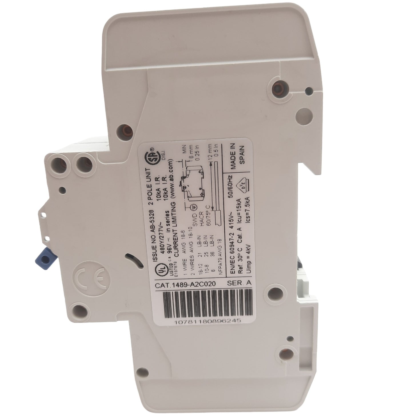 New Allen Bradley 1489-A2C020 Circuit Breaker, 2 Pole, 2A, 480Y/277VAC, DIN Rail