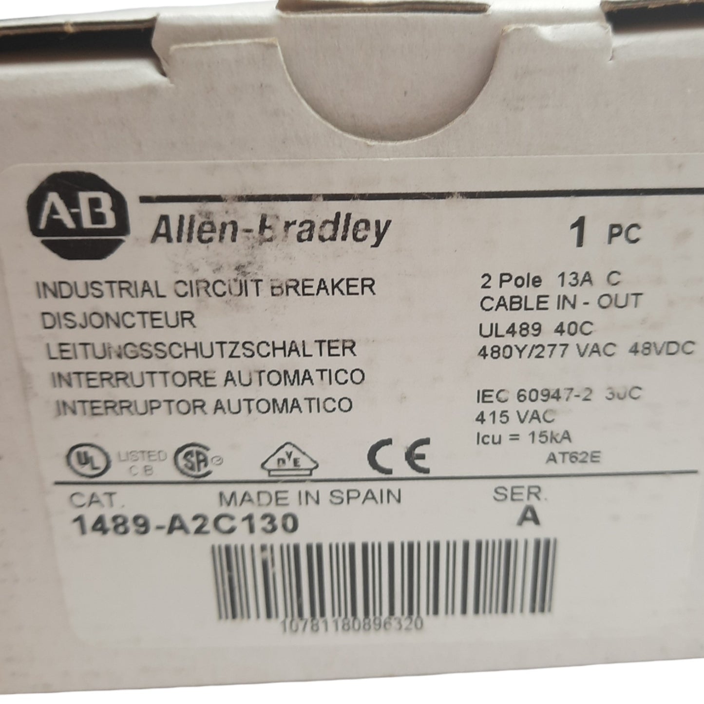 New Allen Bradley 1489-A2C130 Circuit Breaker, 2 Pole, 13A, 480Y/277VAC, DIN Rail