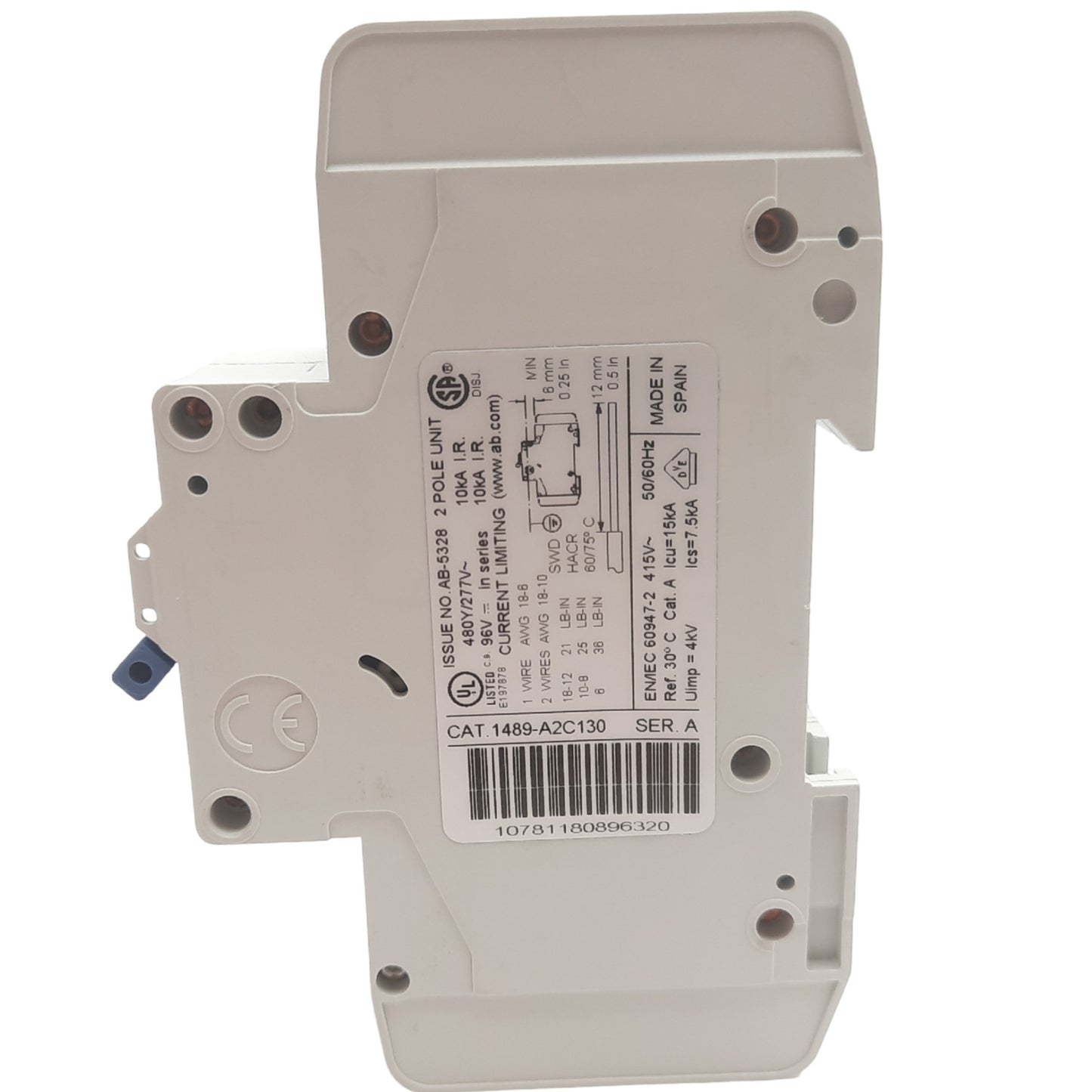 New Allen Bradley 1489-A2C130 Circuit Breaker, 2 Pole, 13A, 480Y/277VAC, DIN Rail