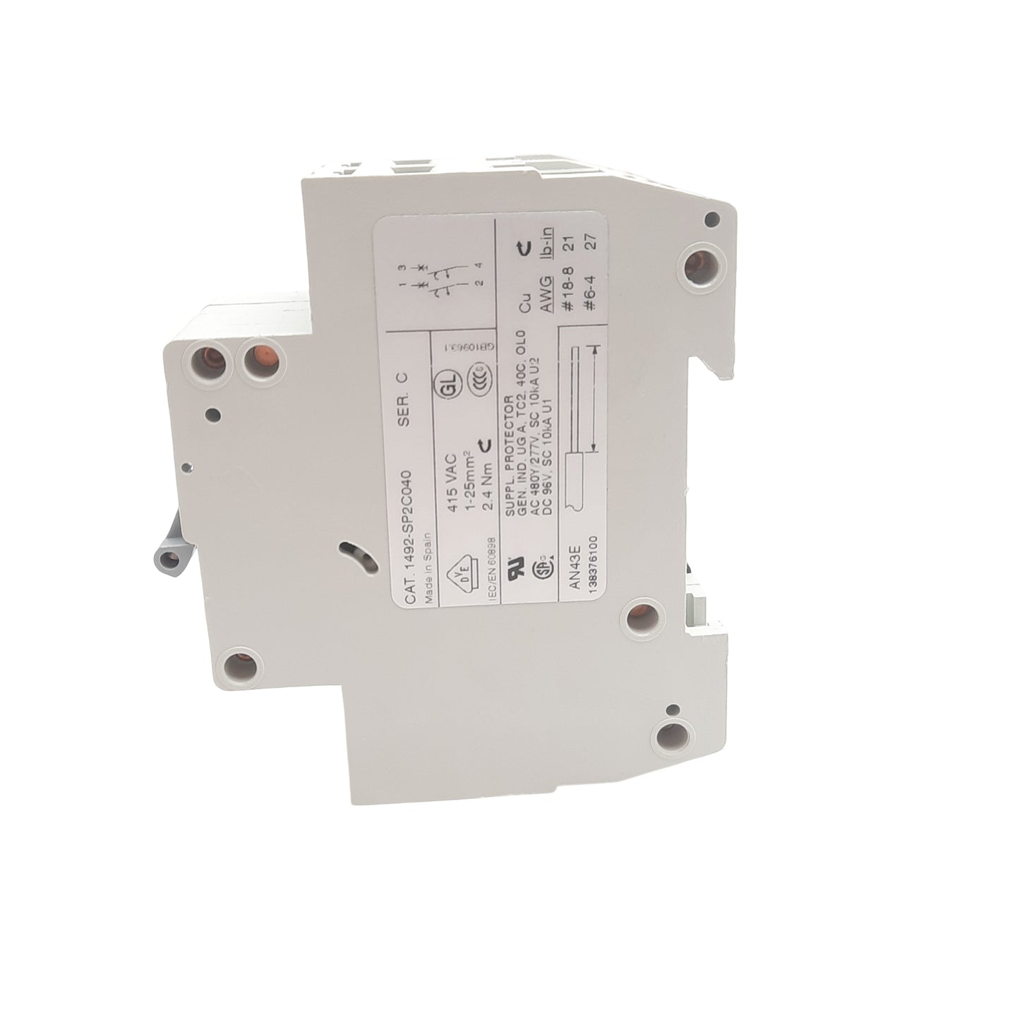 New Allen Bradley 1492-SP2C040 Circuit Breaker, 2 Pole, 4A, 415 VAC, DIN Rail