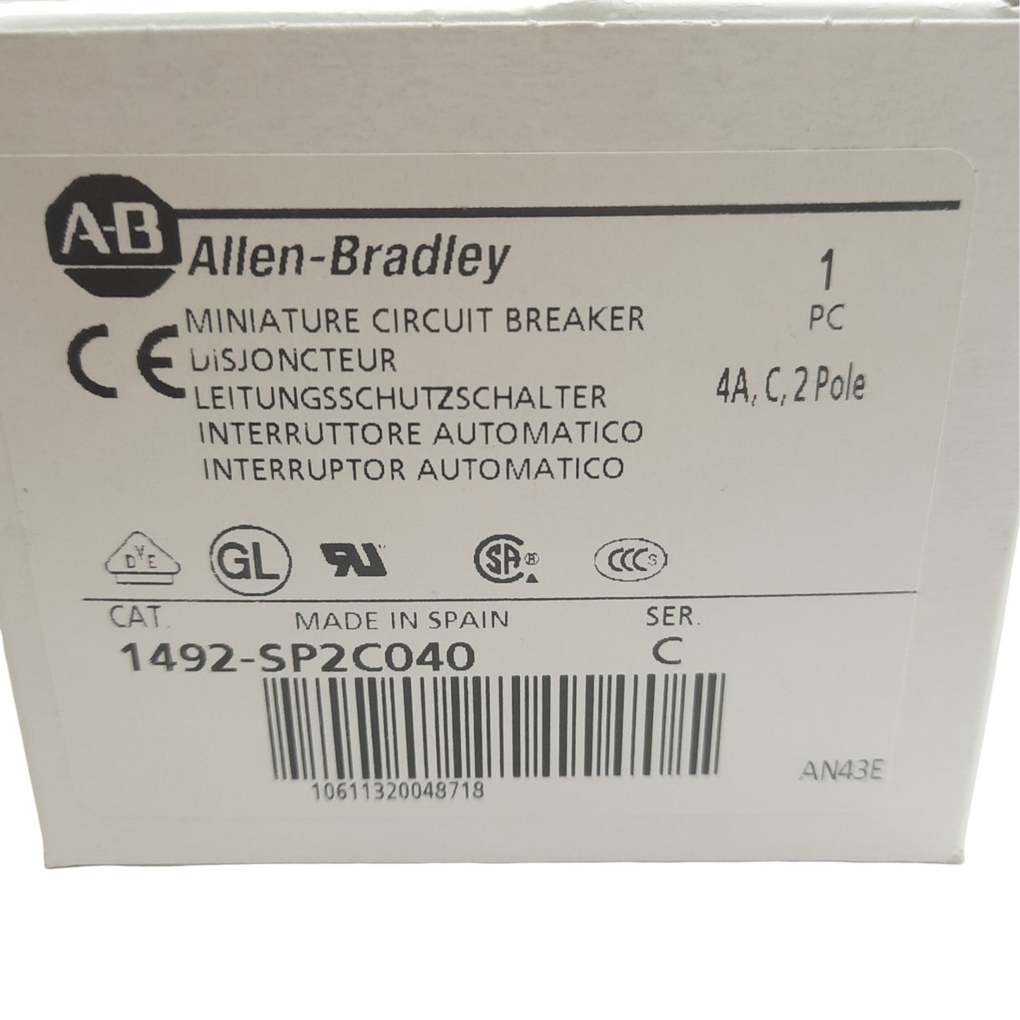 New Allen Bradley 1492-SP2C040 Circuit Breaker, 2 Pole, 4A, 415 VAC, DIN Rail