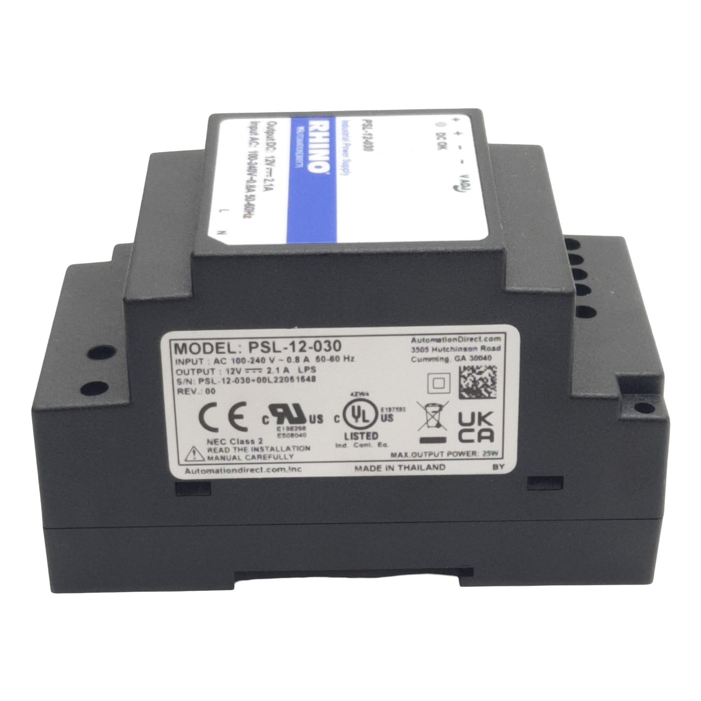 Used Automation Direct PSL-12-030 RHINO Power Supply, 100-240VAc In, 12VDC 2.1A Out