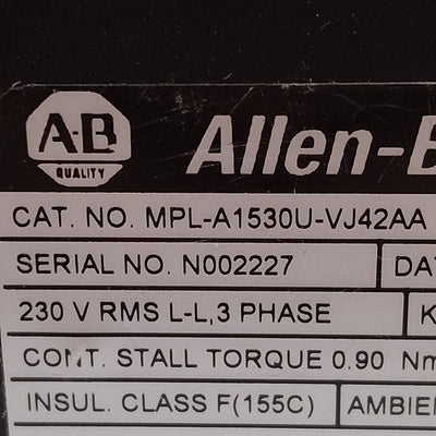 Used Allen Bradley MPL-A1530U-VJ42AA Servo Motor 0.39kW 3Ø 230VAC 7000RPM ø63mm Frame