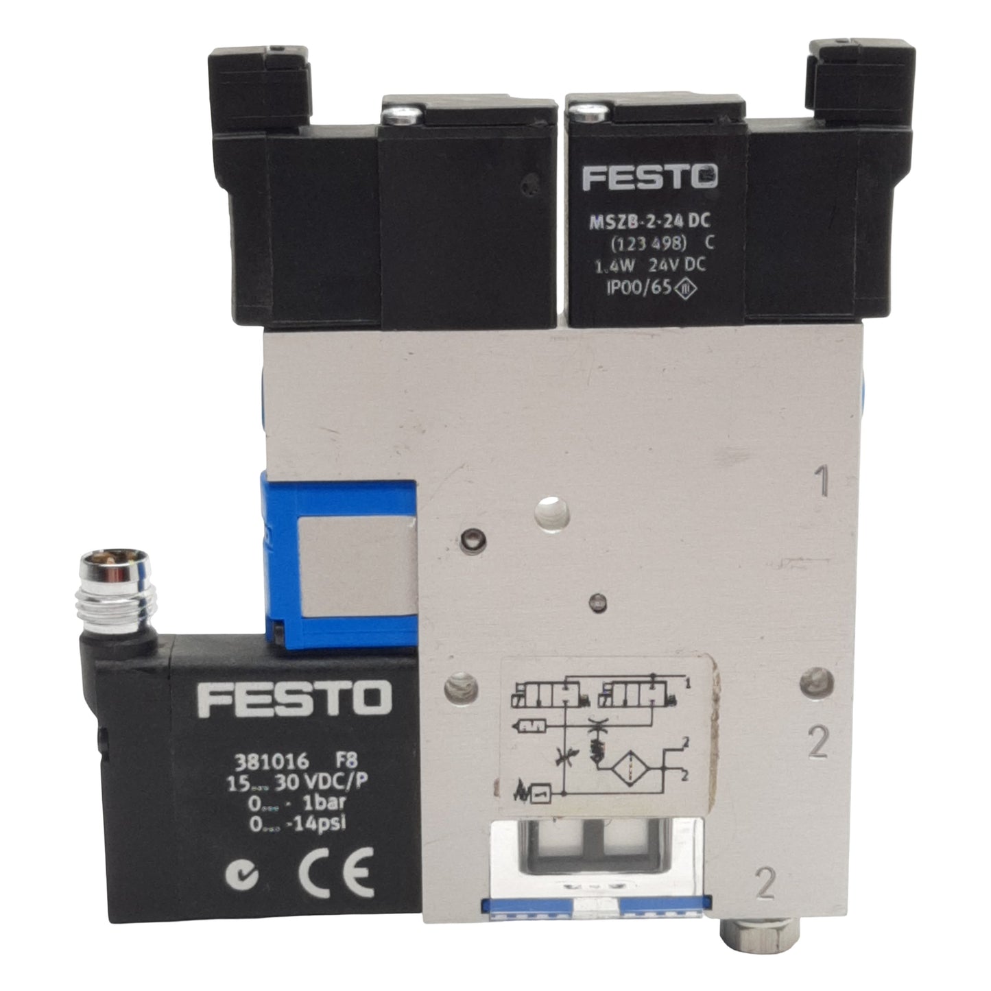 Used Festo VADMI-45-P Vacuum Generator, PNP, 1.5-8bar, 40µm, M5, M8 4-Pin, 24VDC Coil
