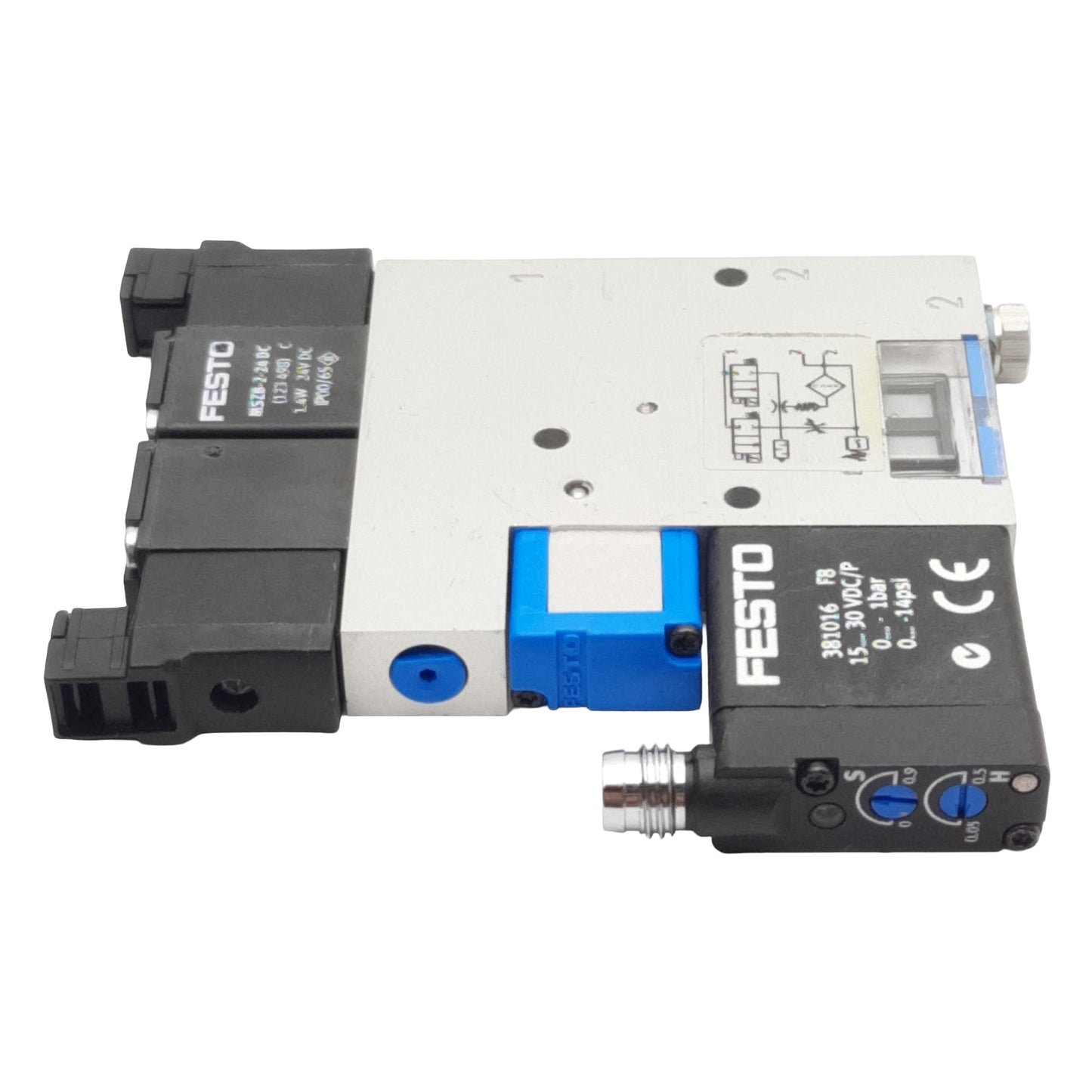 Used Festo VADMI-45-P Vacuum Generator, PNP, 1.5-8bar, 40µm, M5, M8 4-Pin, 24VDC Coil