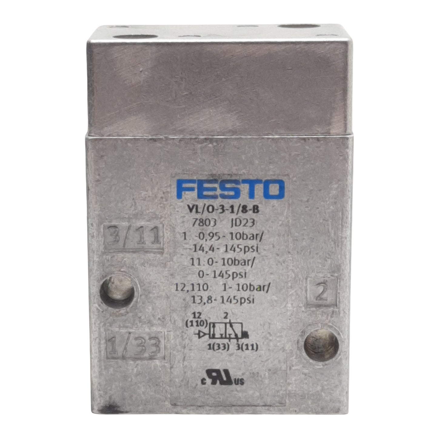 Used Festo VL/0-3-1/8-B Pneumatic Valve, 3/2-Way, -0.095~1MPa, 500l/min, G1/8in