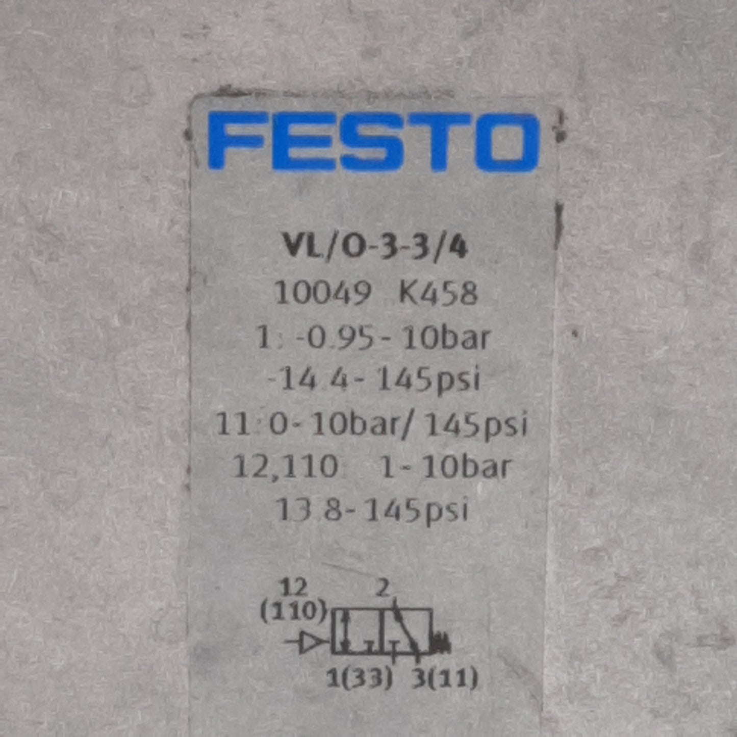 Used Festo VL/0-3-3/4 Pneumatic Valve, 3/2-Way, -0.095~1MPa, 7500l/min, G3/4in