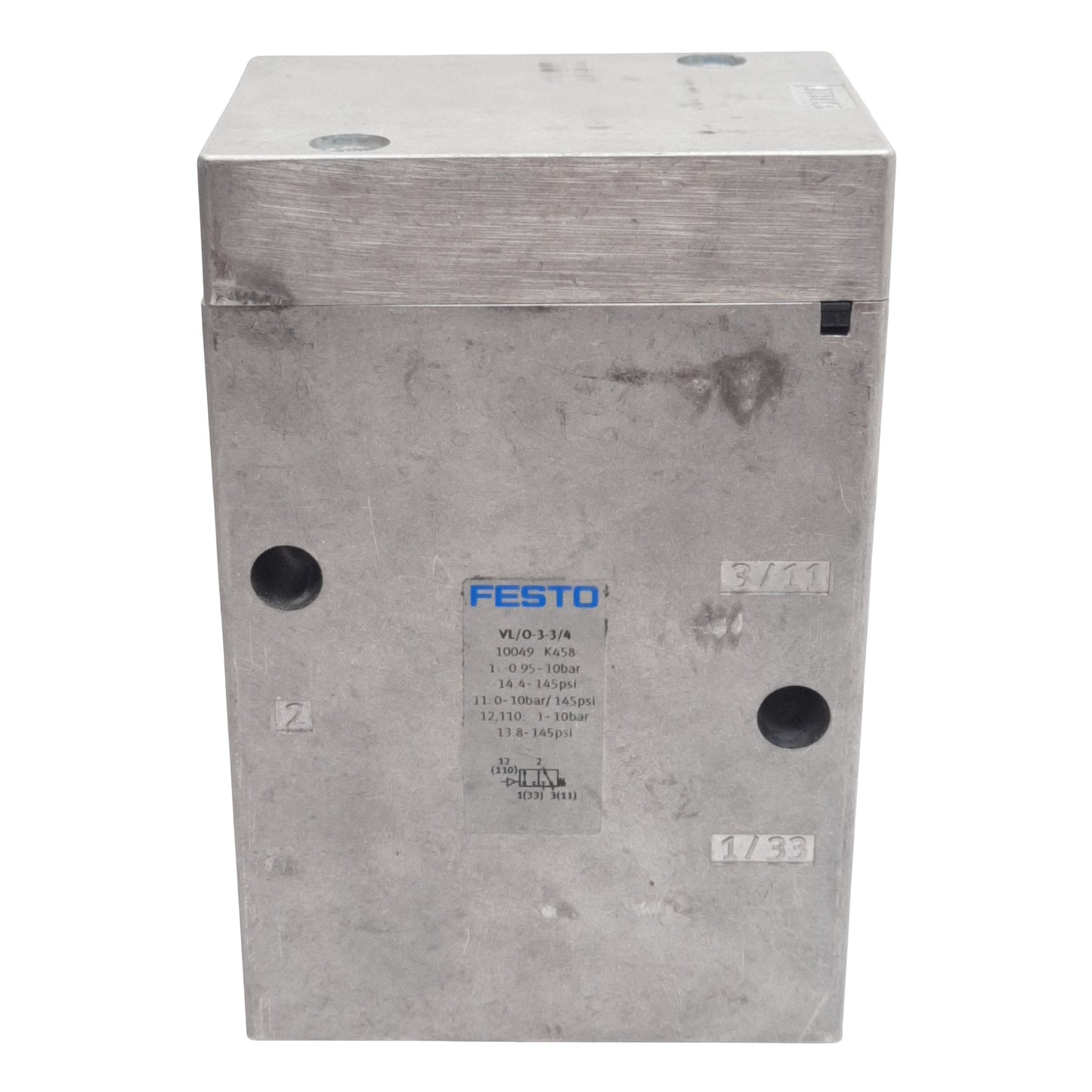 Used Festo VL/0-3-3/4 Pneumatic Valve, 3/2-Way, -0.095~1MPa, 7500l/min, G3/4in