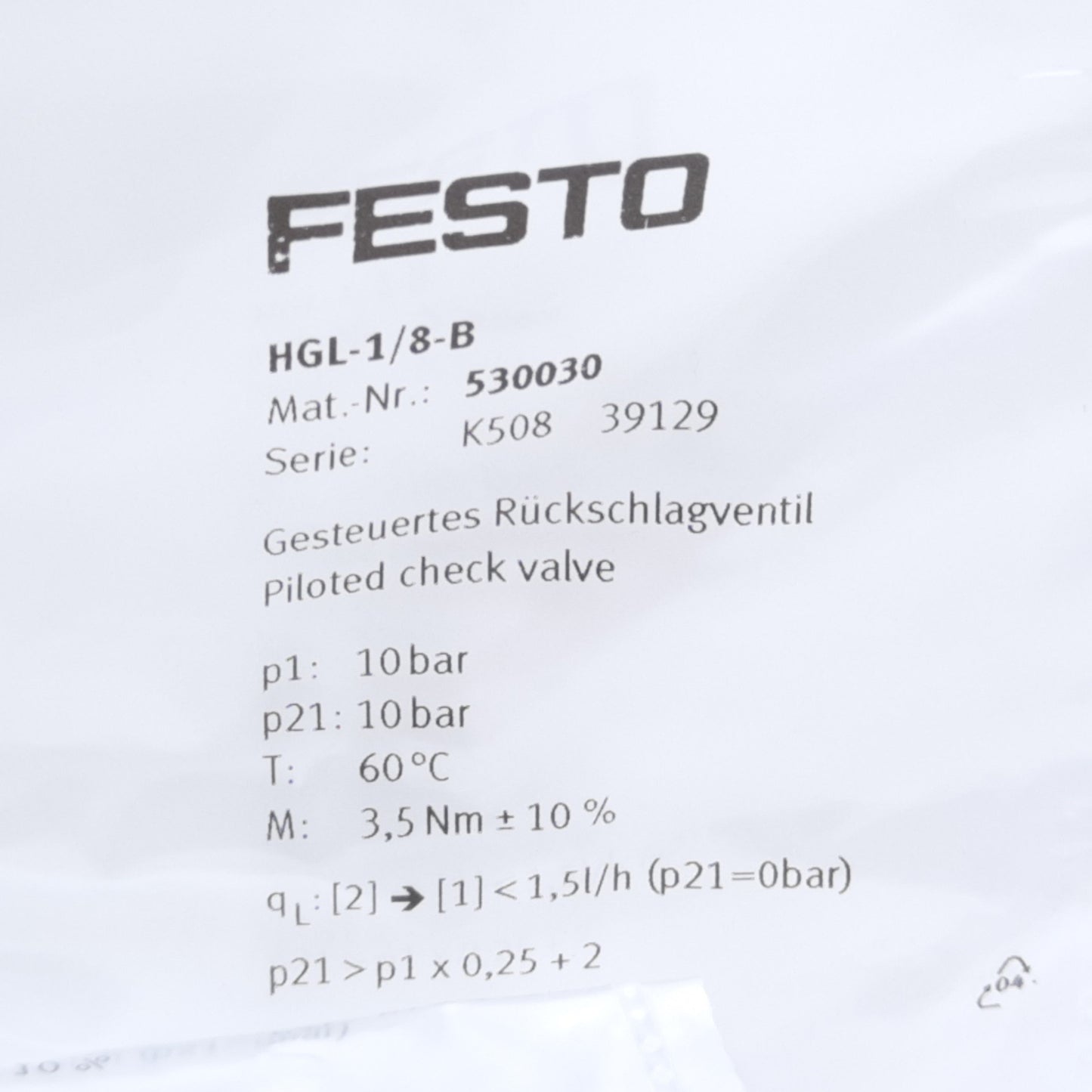 New Festo HGL-1/8-B Pneumatic Pilot Check Valve 530030, 300 l/min