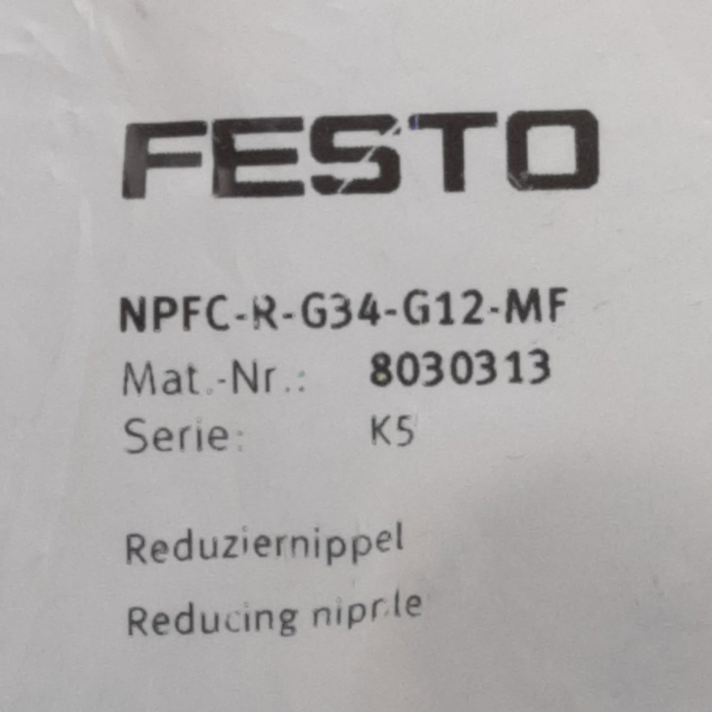 New Festo NPFC-R-G34-G12 8030313 Reducing Nipple. -0.95 to 50 bar, G3/4, G1/2, 10 Pk