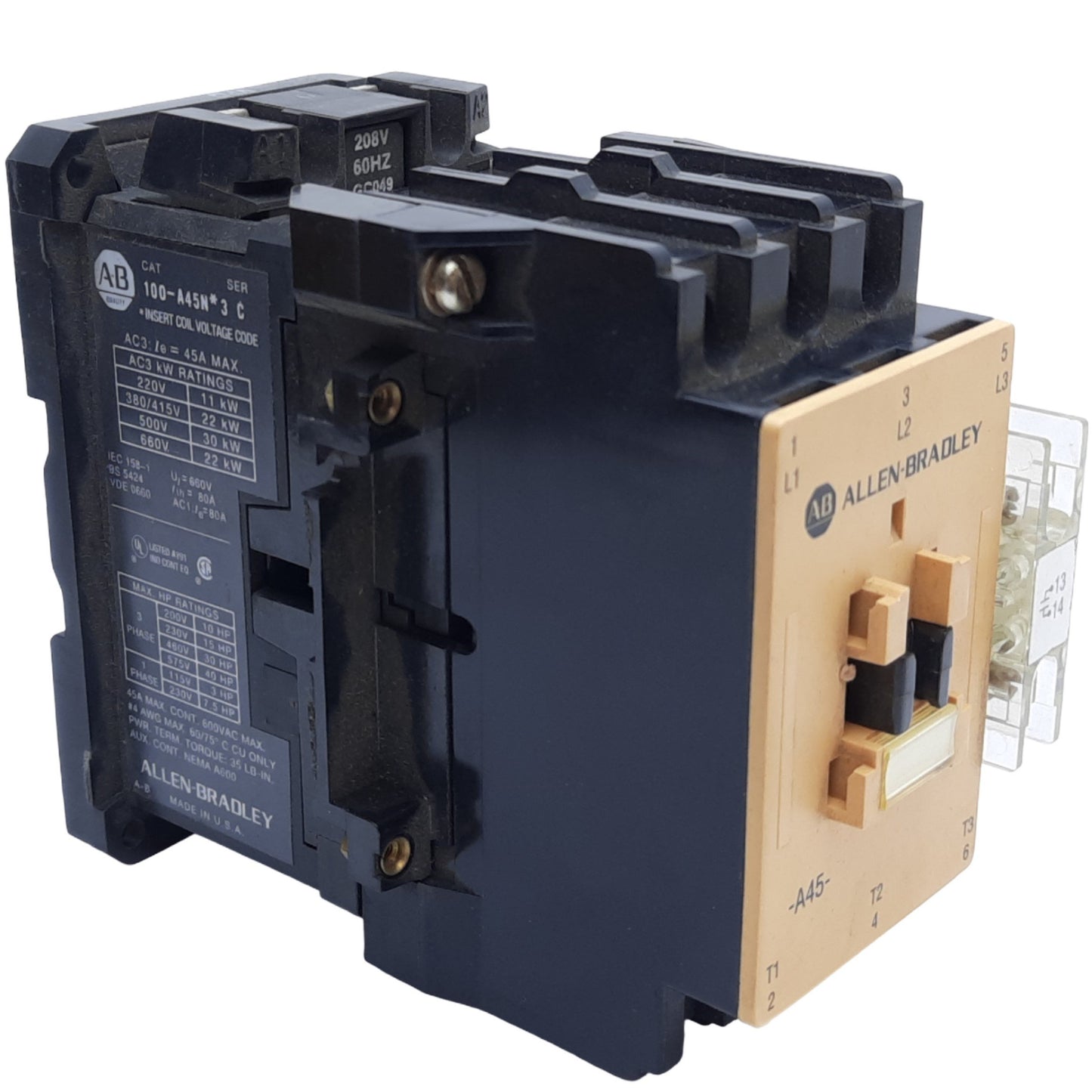 New Allen Bradley 100-A45NH3 Ser C IEC Contactor, 45A 600 VAC Max., 208VAC Coil