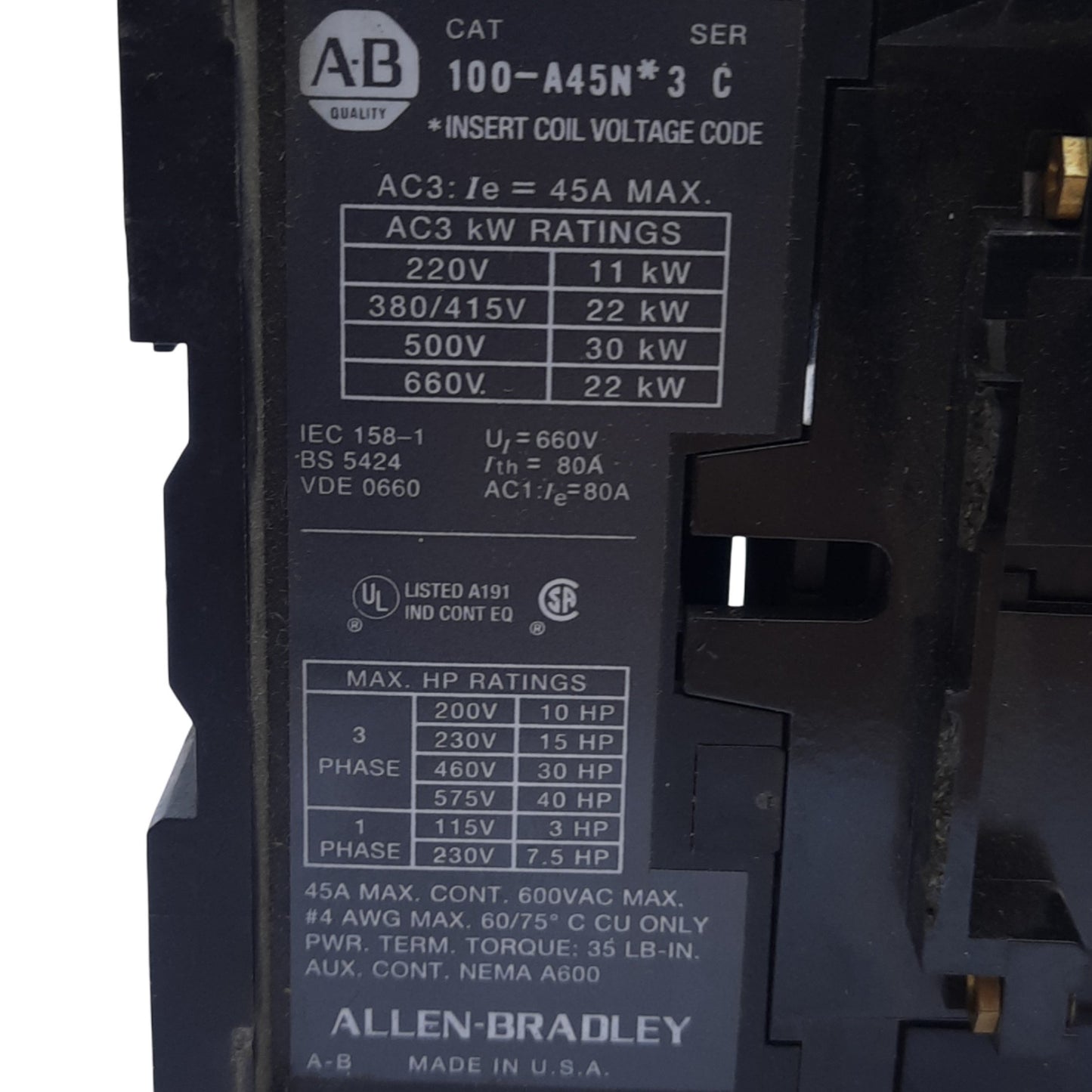 New Allen Bradley 100-A45NH3 Ser C IEC Contactor, 45A 600 VAC Max., 208VAC Coil