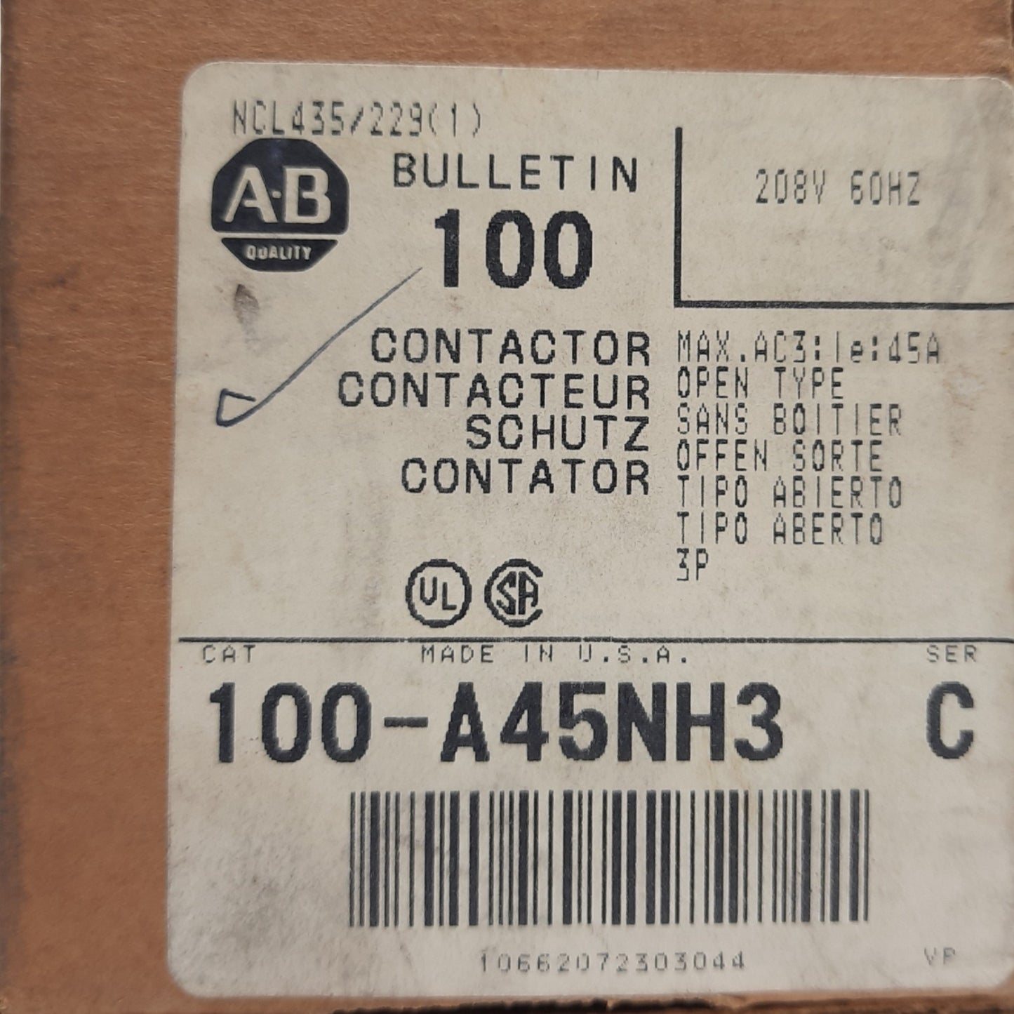 New Allen Bradley 100-A45NH3 Ser C IEC Contactor, 45A 600 VAC Max., 208VAC Coil