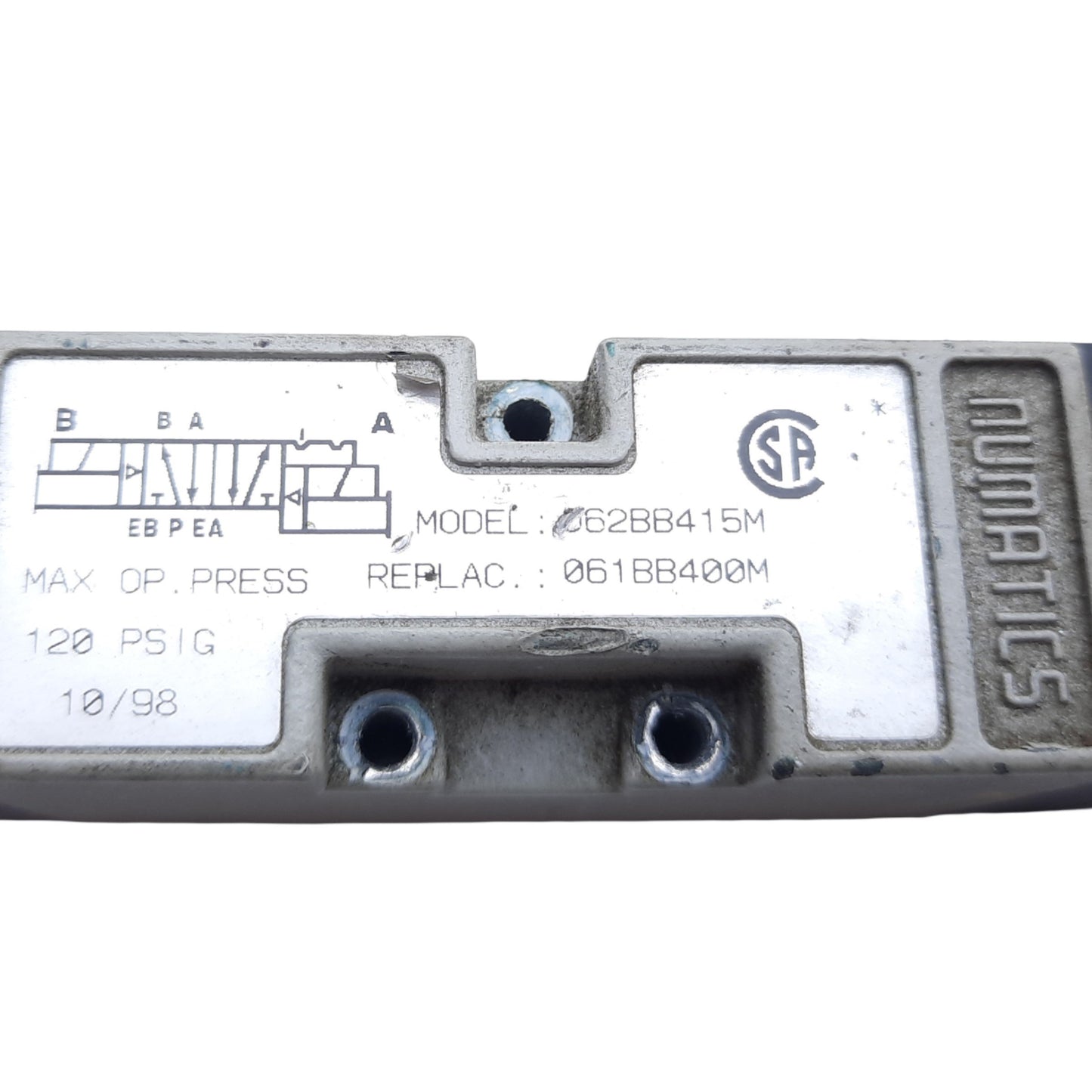Used ASCO Numatics 062BB415M Solenoid Valve, 120 PSIG, 2.5 Watts, 24 VDC Coil