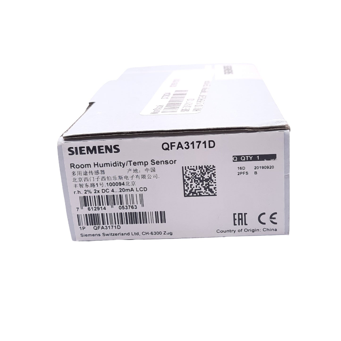 New Siemens QFA3171D Room Humidity/Temp Sensor, 0-100%r.h., 13.5-35VDC, 4-20mA Out