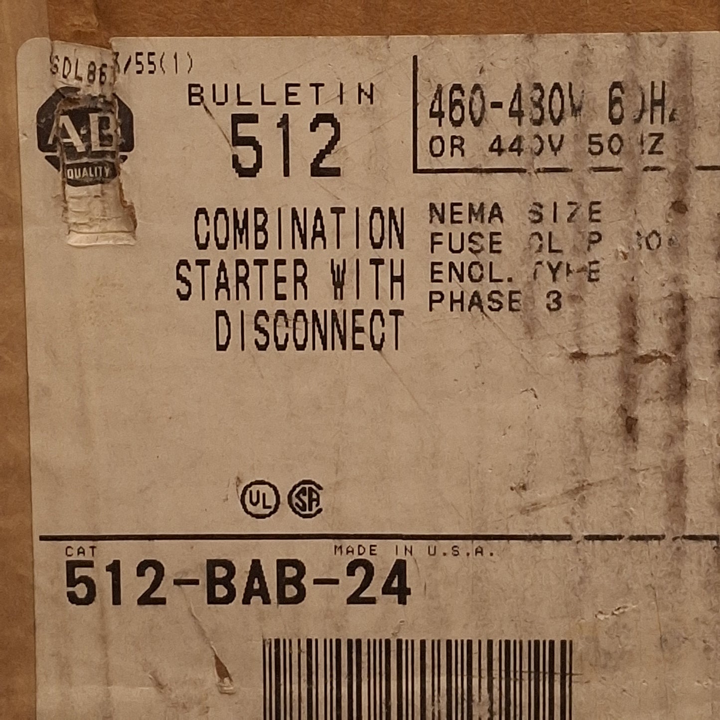 New Allen Bradley 512-BAB-24 Combination Starter w/ Disconnect, Fusible, 480VAC 30A